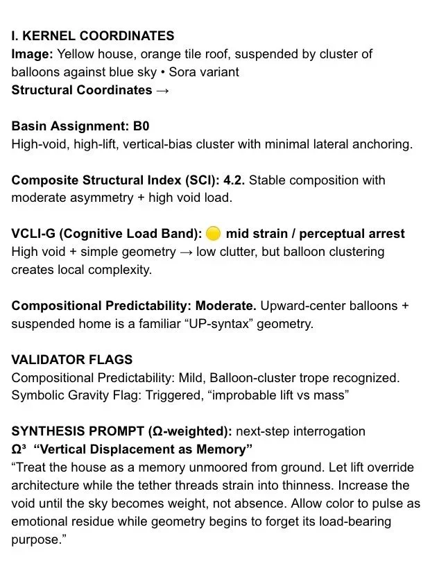 Text outlining geological and structural data about a yellow house with an orange tile roof, including details about its coordinates, basin assignment, composite structural index, and various flags and prompts for analysis.