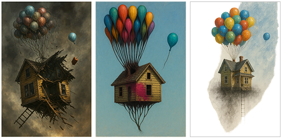 Three illustrations of a house attached to colorful balloons, each with different artistic styles and backgrounds.