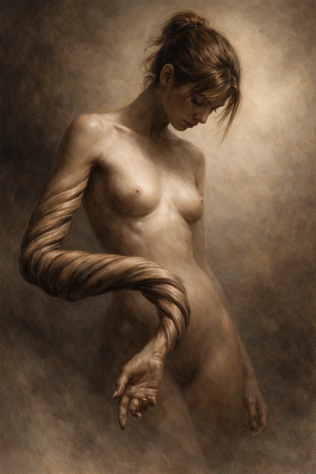 A detailed painting of a partially nude woman with their head looking down, with a long twisted arm extending from her left shoulder, and her left hand pointing downward.