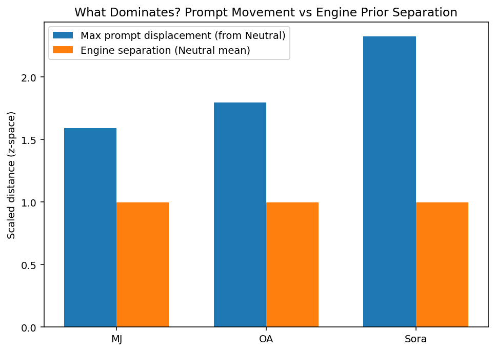 Bar chart comparing prompt movement and engine separation for MJ, OA, and Sora. Blue bars show maximum prompt displacement from neutral, and orange bars indicate engine separation (neutral mean). Sora has the highest max prompt displacement, followed by OA and MJ.