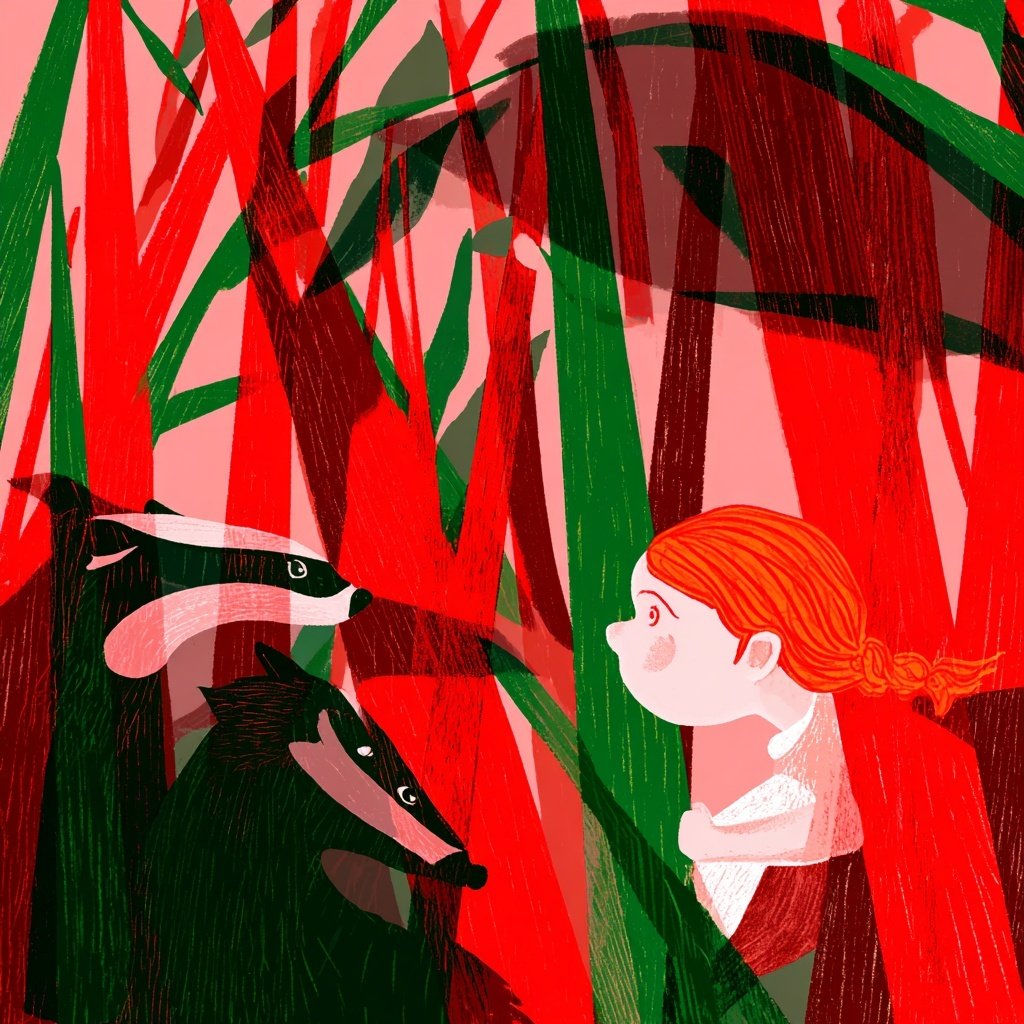 A young girl with red hair and a white shirt talking to three raccoons in a dense forest with tall green and red plants.