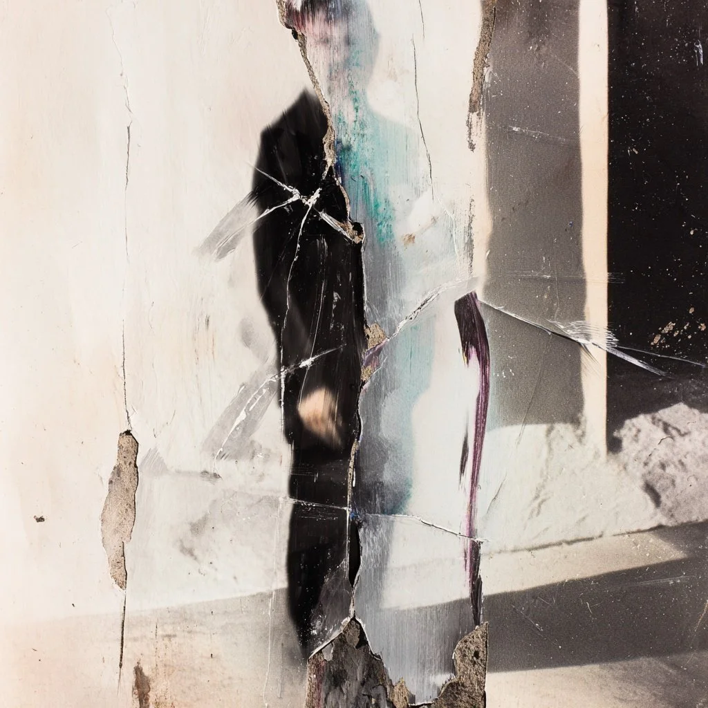 A damaged mirror with cracks and broken edges, reflecting a person in a suit and tie.