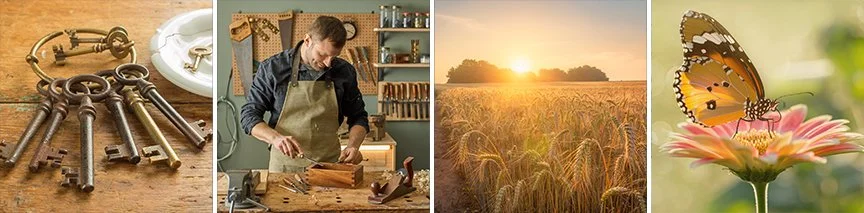 A collage of four images including antique keys, a woodworker in a workshop, a sunset over a wheat field, and a butterfly on a pink flower.