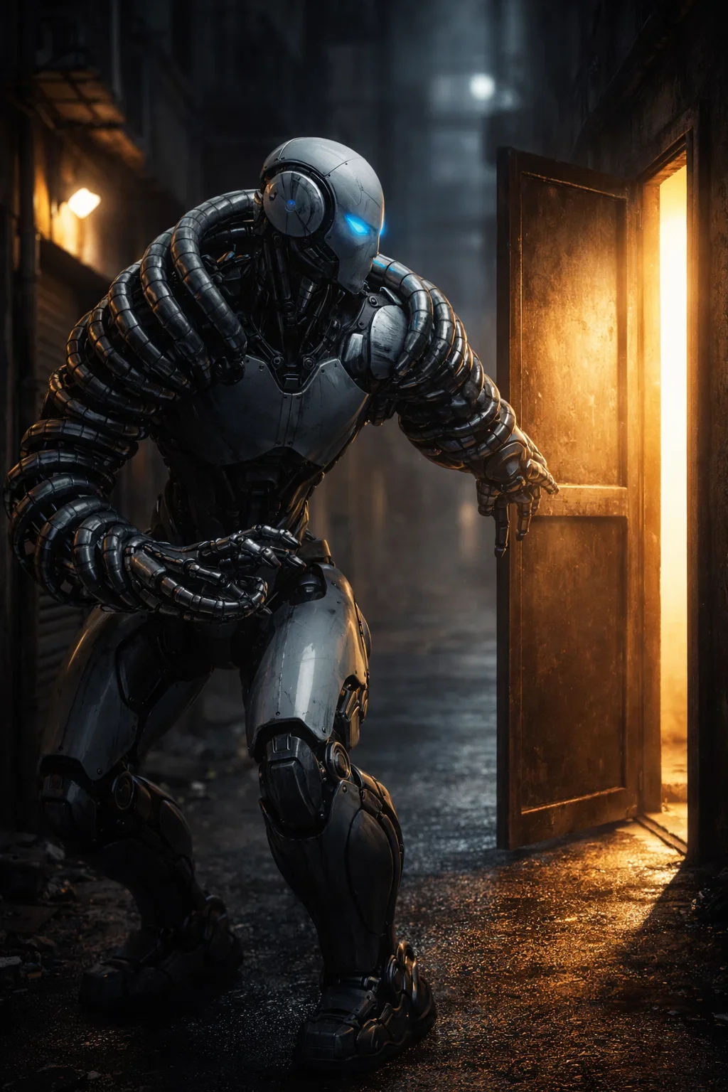 A humanoid robot with glowing blue eyes and a metallic body, partially opening a door in a dimly lit industrial setting.