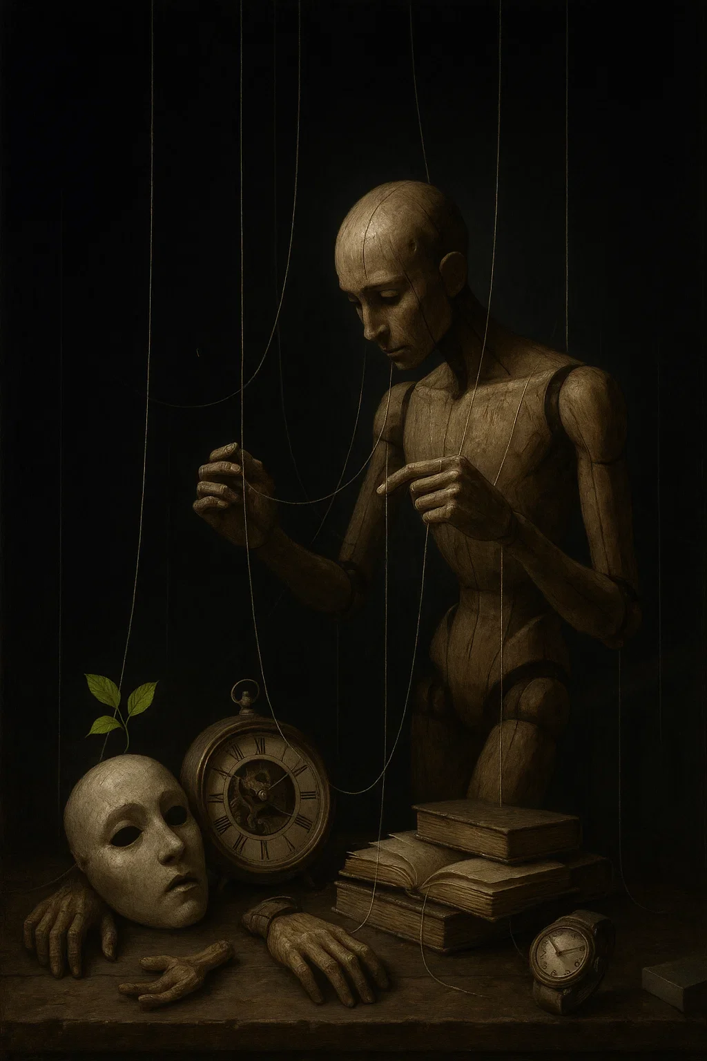 A wooden mannequin with a thoughtful expression surrounded by a dark background, with items including a human skull with a small plant growing from it, a vintage pocket watch, a stack of old books, and a wristwatch.
