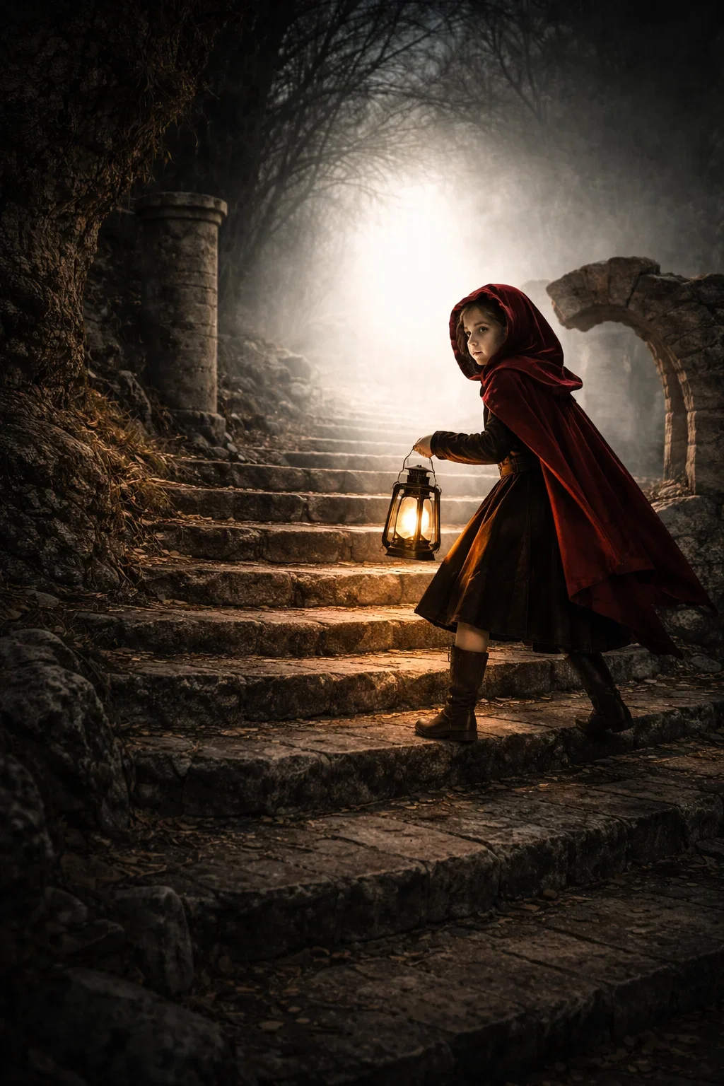 A young girl dressed as Little Red Riding Hood, holding a lantern, walking up stone steps through a foggy, wooded area at dusk.