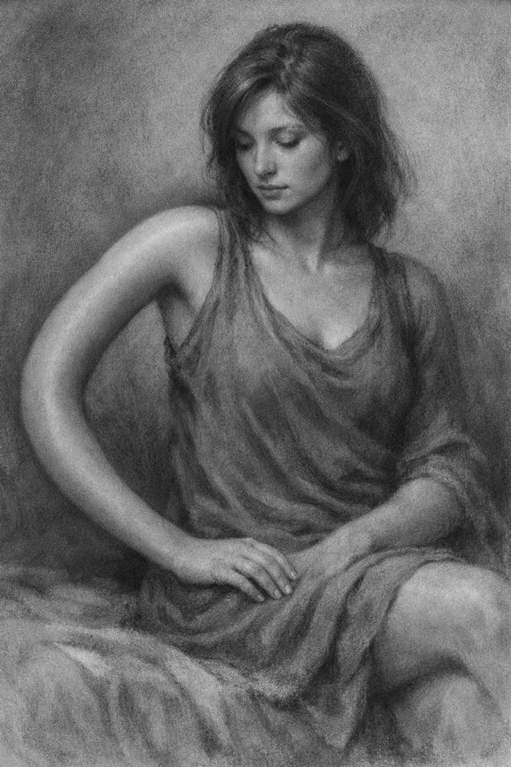 A black-and-white sketch of a woman with medium-length hair, wearing a sleeveless top, sitting with her head tilted downward, eyes closed, and her hands resting on her lap against a plain background.
