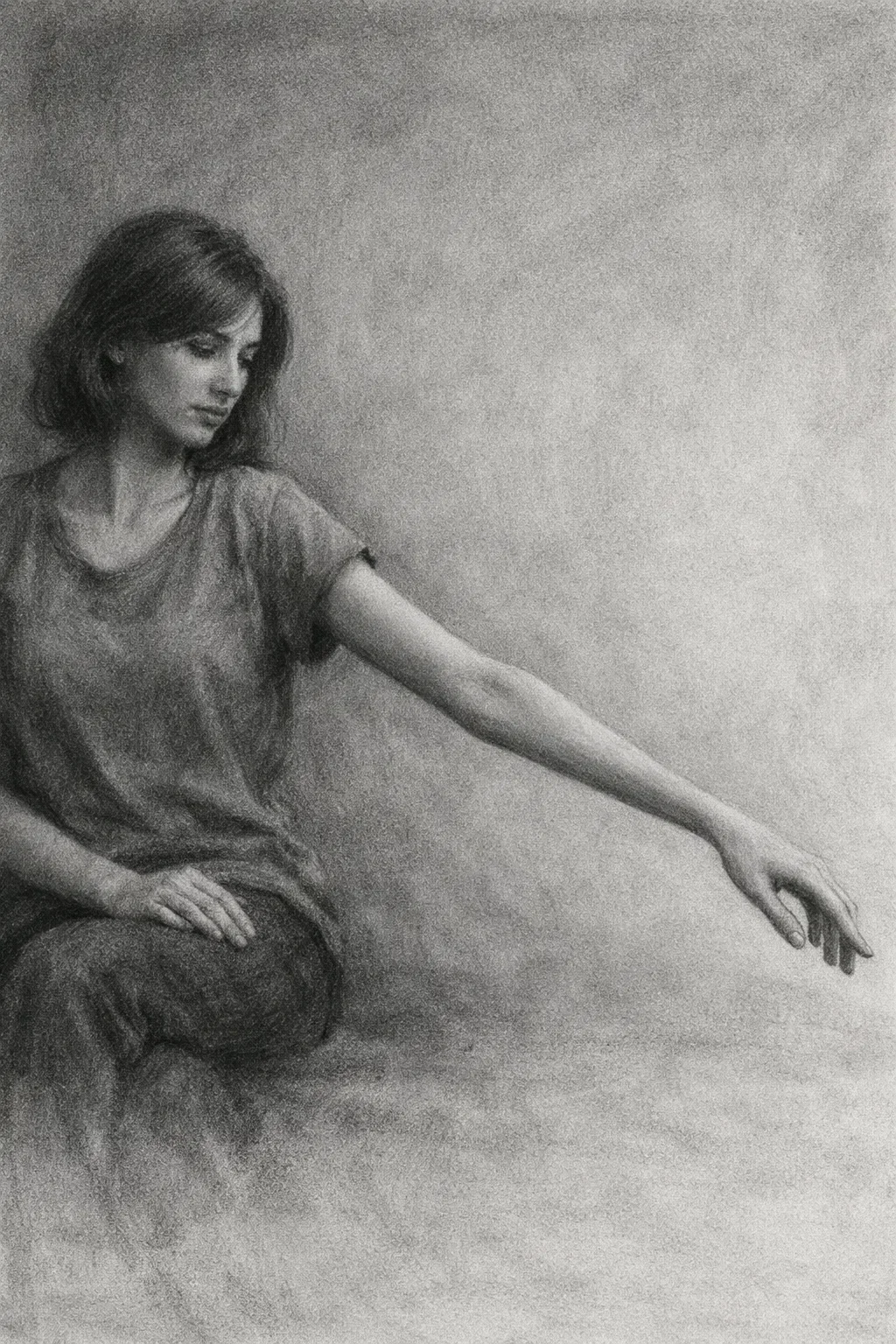 A black and white drawing of a woman sitting with her hand resting on her lap and arm extended outward, reaching down.