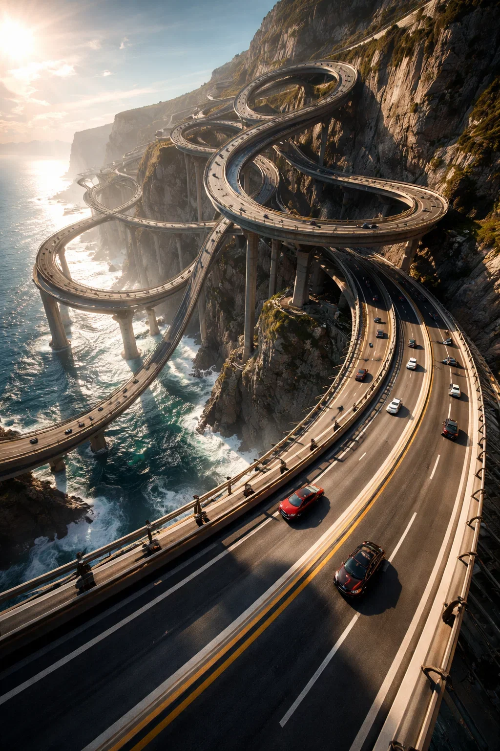 A winding coastal highway with multiple sharp turns, high above the ocean, supported by tall stilts, with cars traveling on it and rugged cliffs on one side.