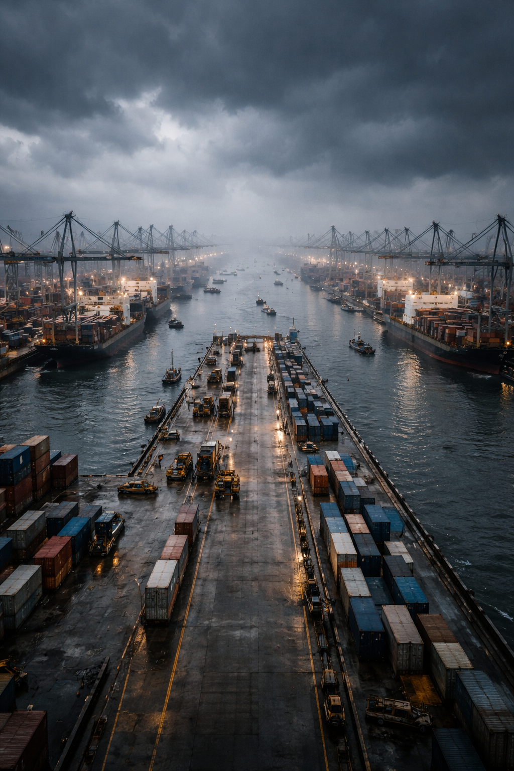 A busy shipping port with multiple cargo ships, containers, and cranes under a dark, stormy sky at dusk or dawn.