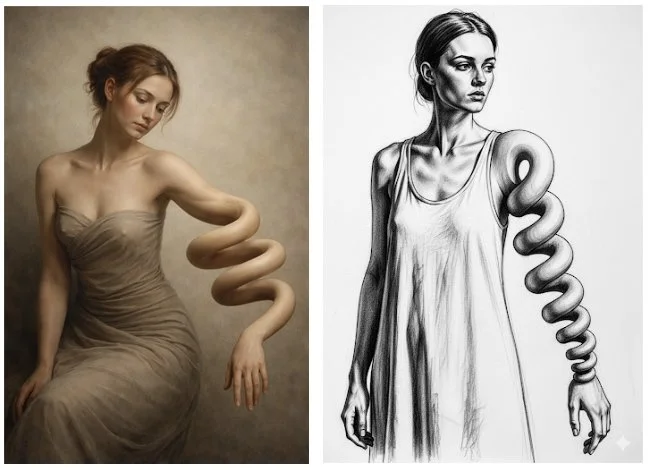 A side-by-side comparison of a photograph and a pencil drawing of a woman with a snake arm. The woman on the left has brown hair in an updo and is wearing a strapless dress, with a neutral background. The woman on the right has a similar appearance, with her hair pulled back and drawn in black and white, wearing a sleeveless top. The snake arm is present in both images, appearing to be coiled around her arm.