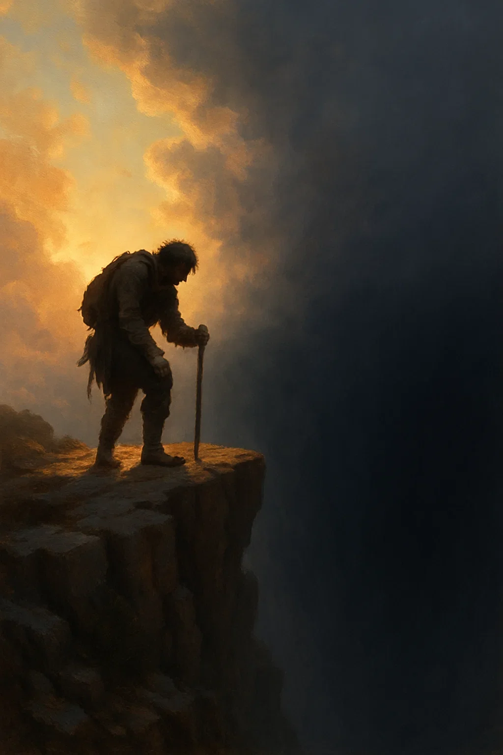 A figure standing on a rocky ledge, silhouetted against a stormy sky with dramatic clouds at sunset, leaning on a walking stick.