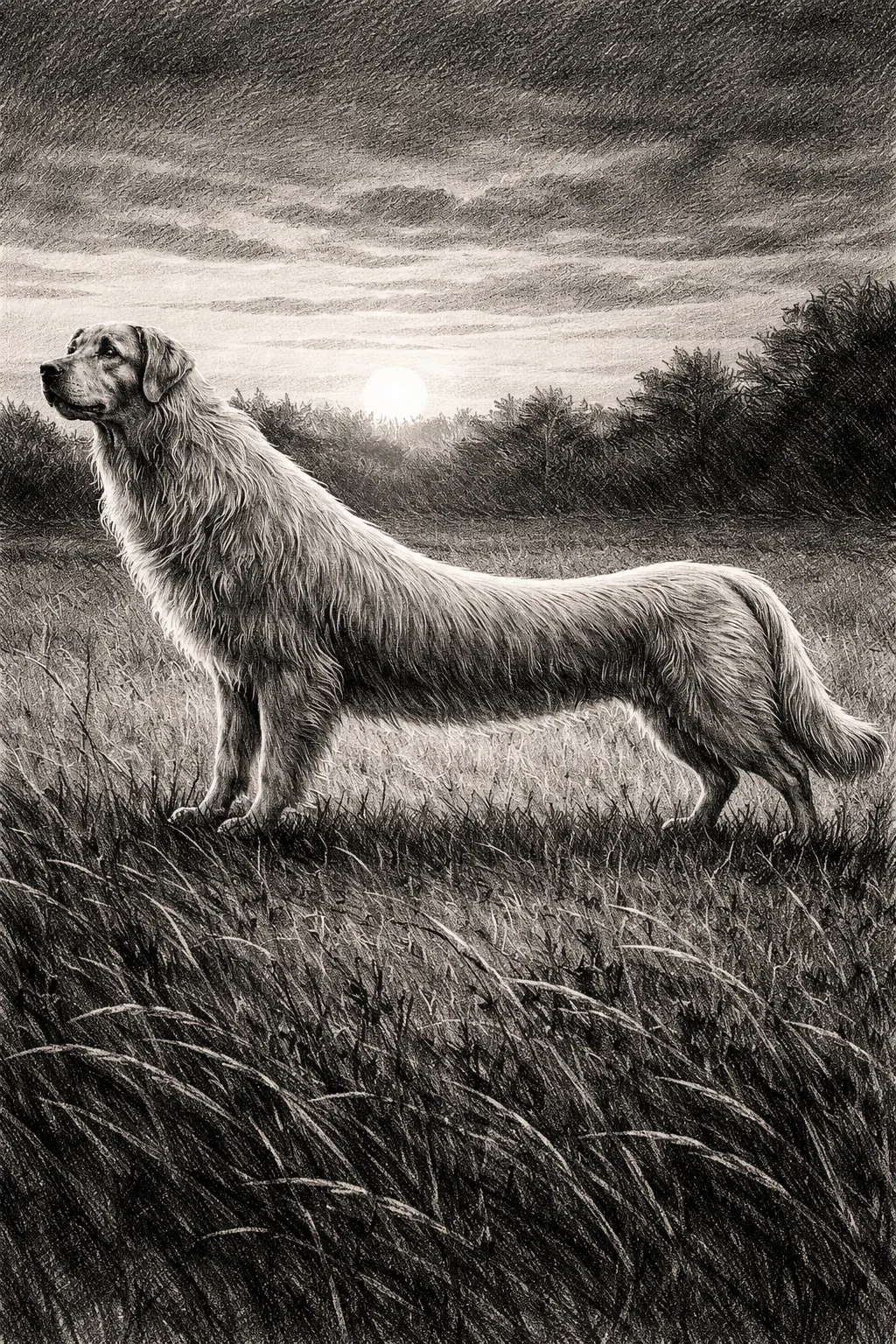 A detailed black-and-white illustration of a long-haired dog, possibly a retriever, standing in a grassy field at sunset with trees in the background.