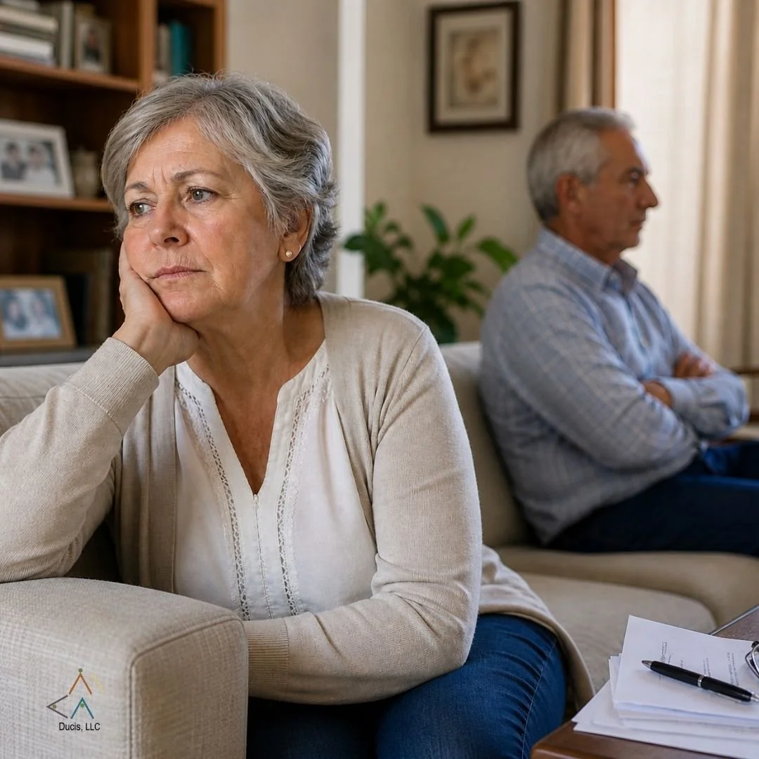 Adultos mayores en proceso de divorcio revisando documentos legales, enfocado en separación, bienes maritales y planificación financiera en la vejez