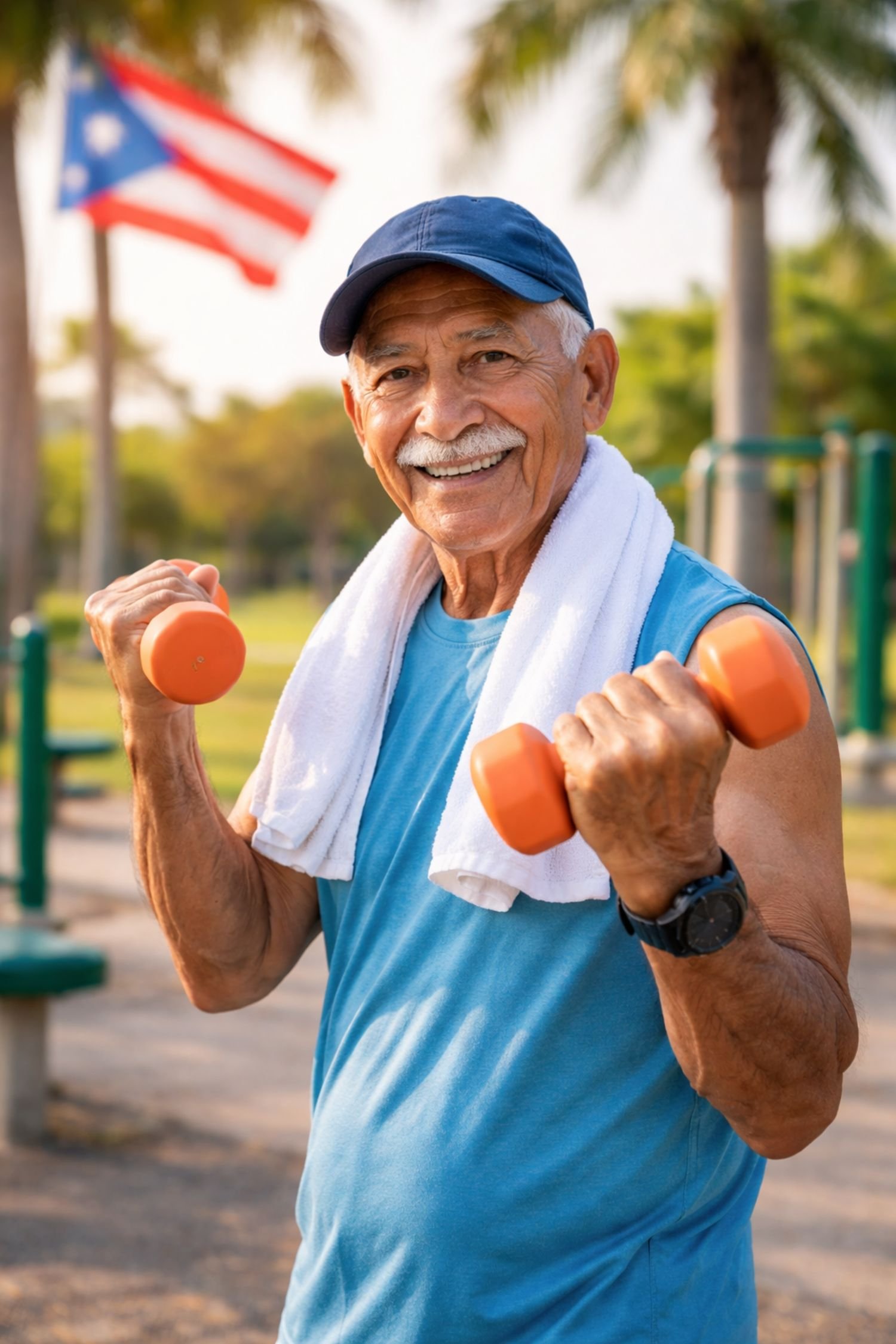 Hombre adulto mayor realizando ejercicios de fuerza con pesas al aire libre, promoviendo el envejecimiento activo y el bienestar físico.