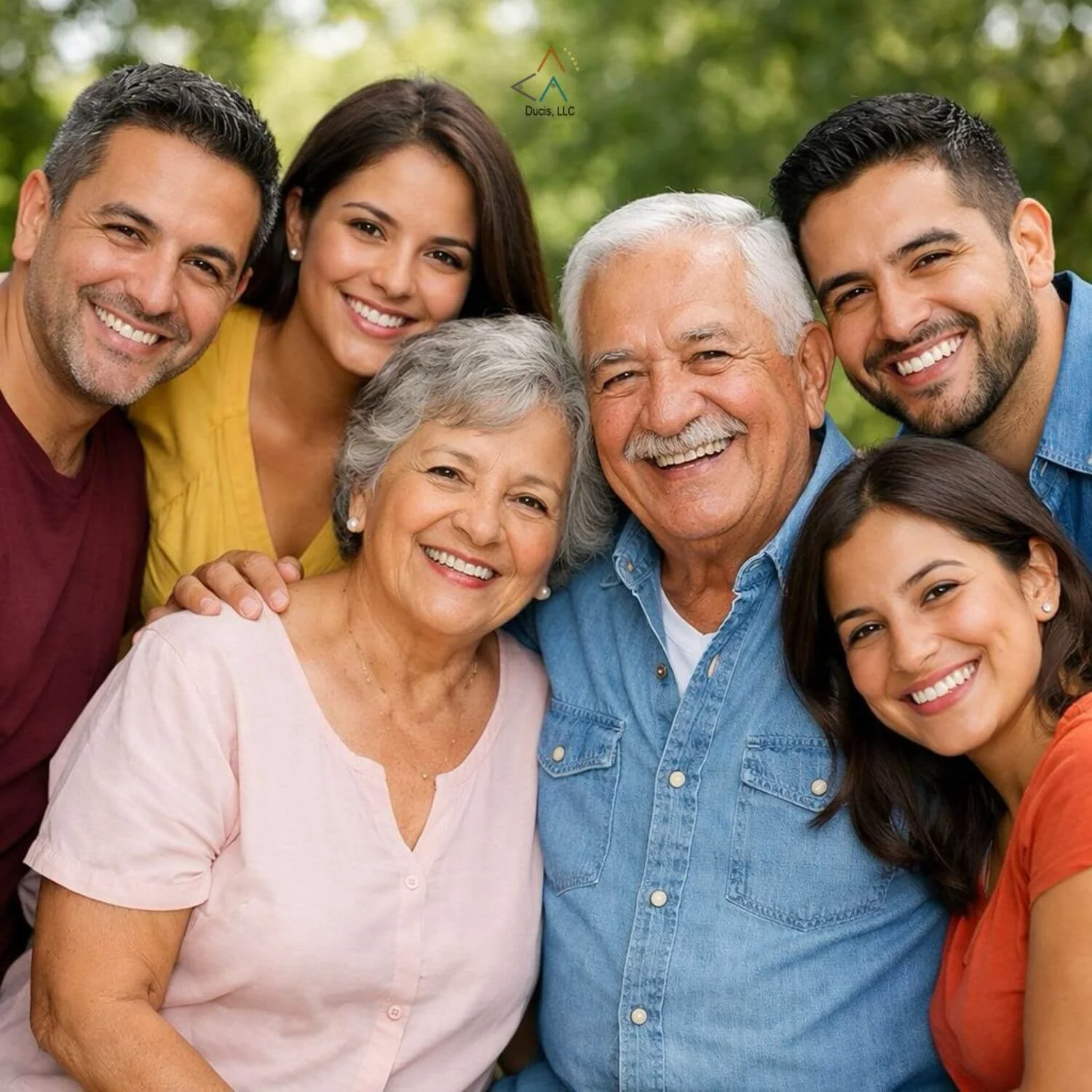 Familia multigeneracional sonriente al aire libre, representando bienestar, apoyo intergeneracional y fortalecimiento de vínculos familiares, en el contexto de servicios psicoeducativos y acompañamiento integral de DUCIS LLC.