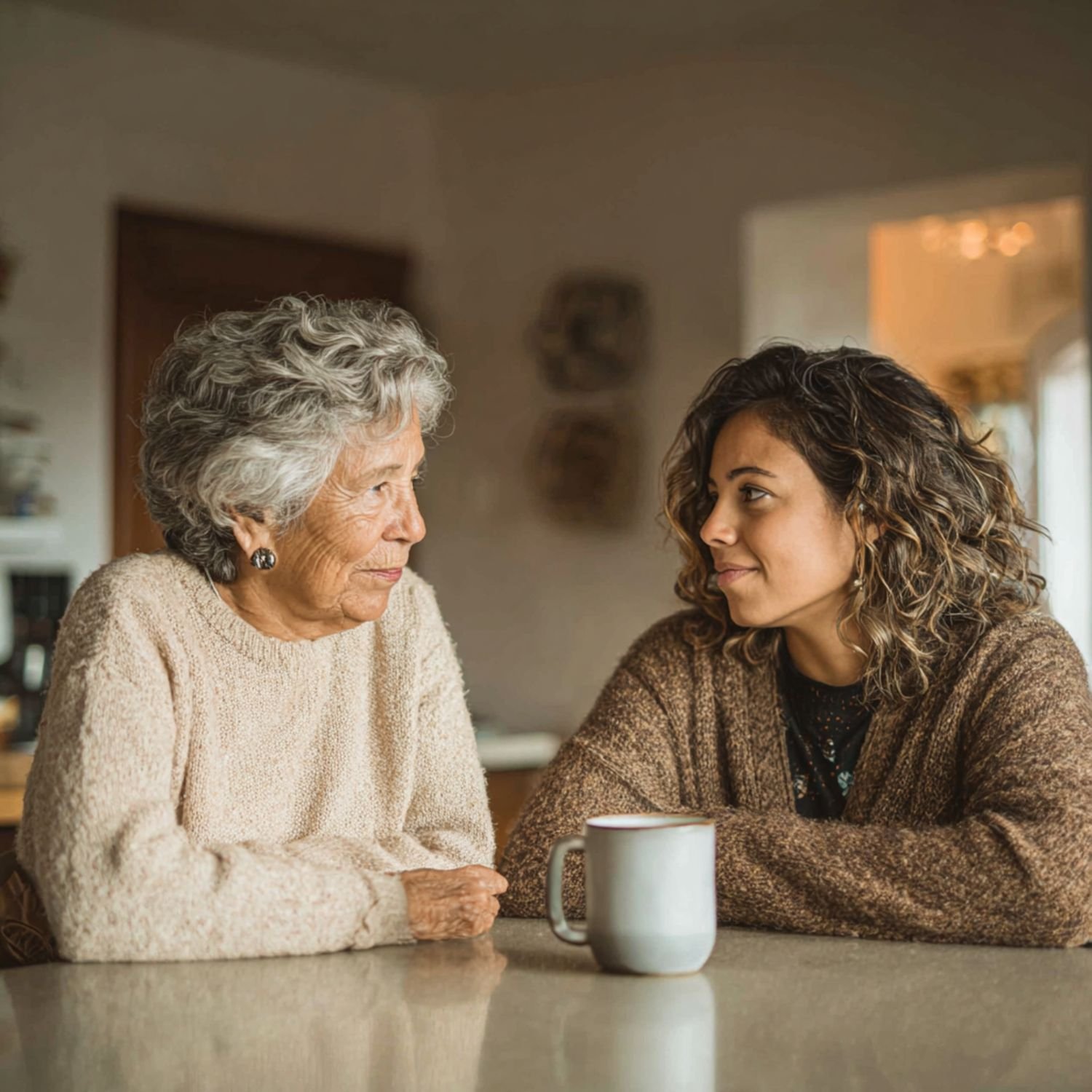 Mujer adulta mayor conversando con su cuidadora en una mesa, simbolizando acompañamiento emocional, toma de decisiones difíciles y planificación legal para proteger bienes y honrar deseos al final de la vida.