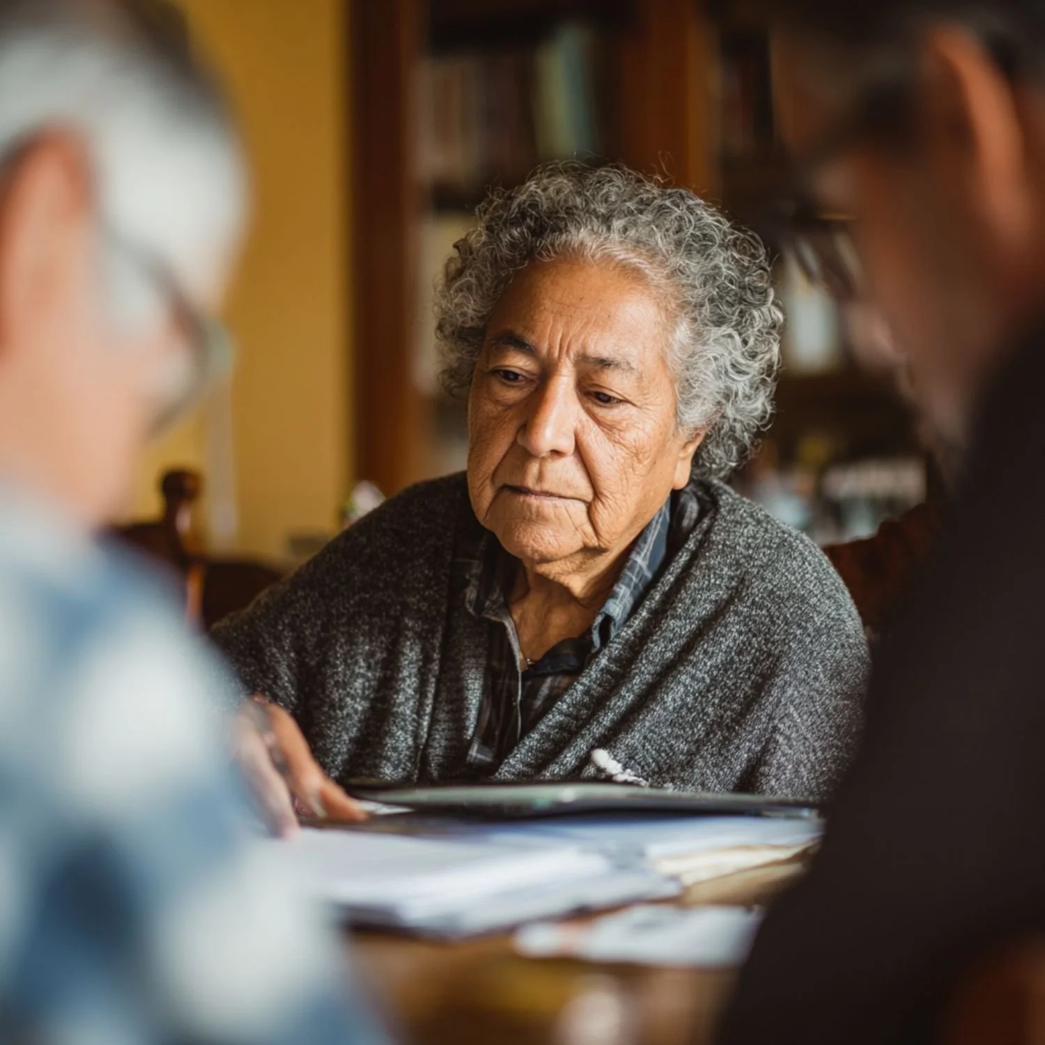Adulta mayor revisando documentos junto a familiares en su hogar, reflejando el momento de evaluación y la necesidad de asistencia profesional o legal para proteger su bienestar y dignidad.