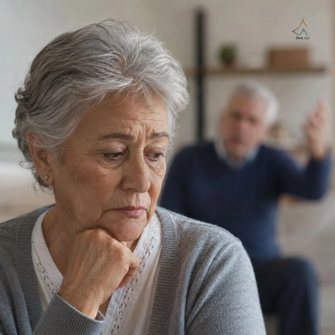 Adulto mayor preocupado sentado en su hogar mientras enfrenta una situación de violencia doméstica y abuso emocional en la tercera edad. Imagen relacionada con apoyo, protección y orientación para adultos mayores en Puerto Rico.
