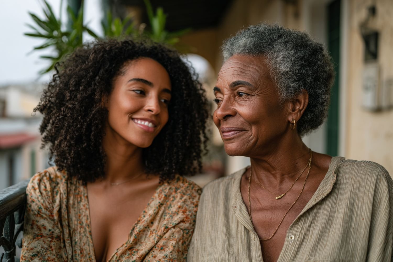 Una mujer joven y una mujer mayor se sientan juntas en un balcón, mirándose con sonrisas llenas de ternura y complicidad. La escena transmite calidez, respeto y conexión entre generaciones, con una luz natural suave y un entorno típico de Puerto Rico