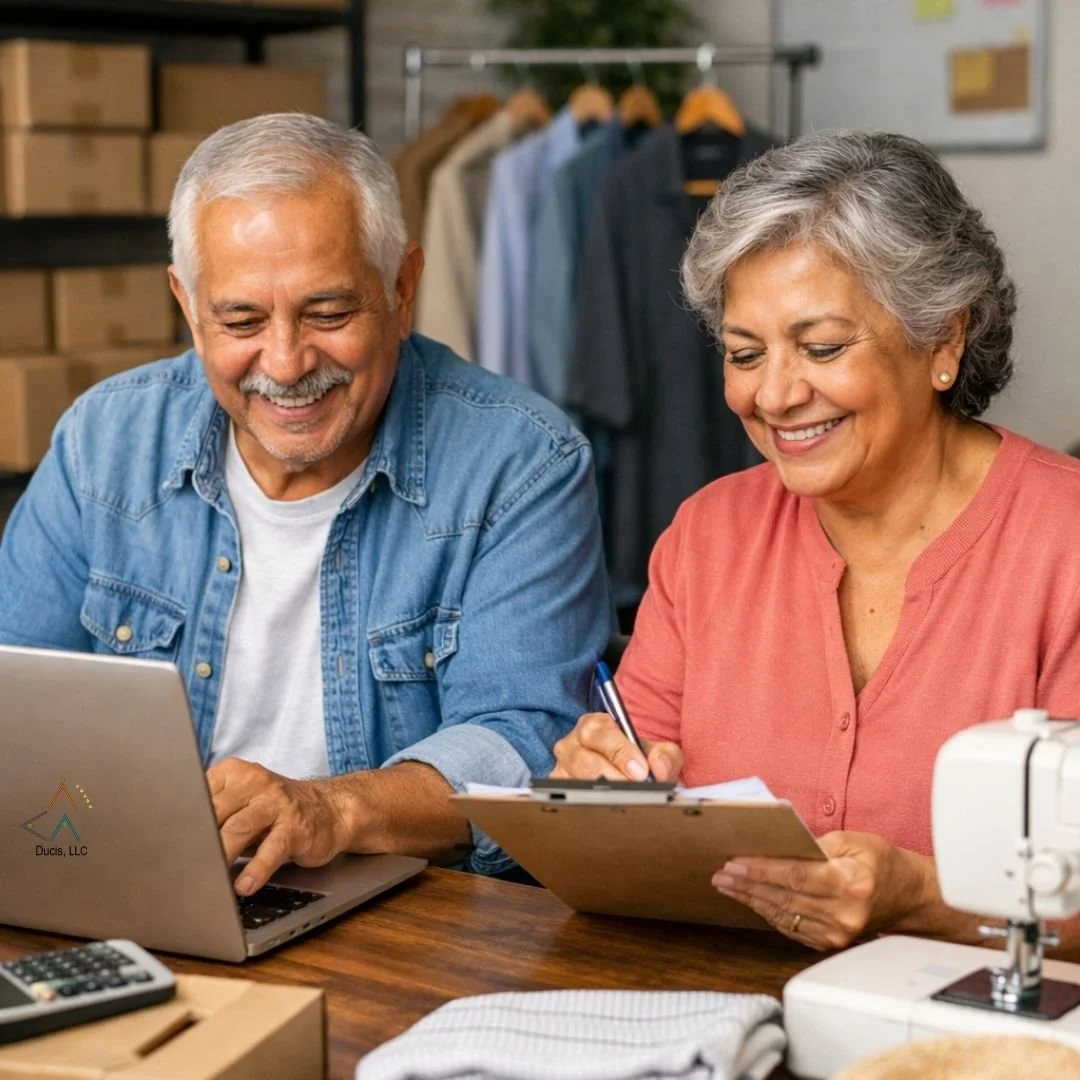 Adultos mayores hispanos emprendiendo desde casa, trabajando en su negocio con laptop y notas en un espacio profesional y acogedor.