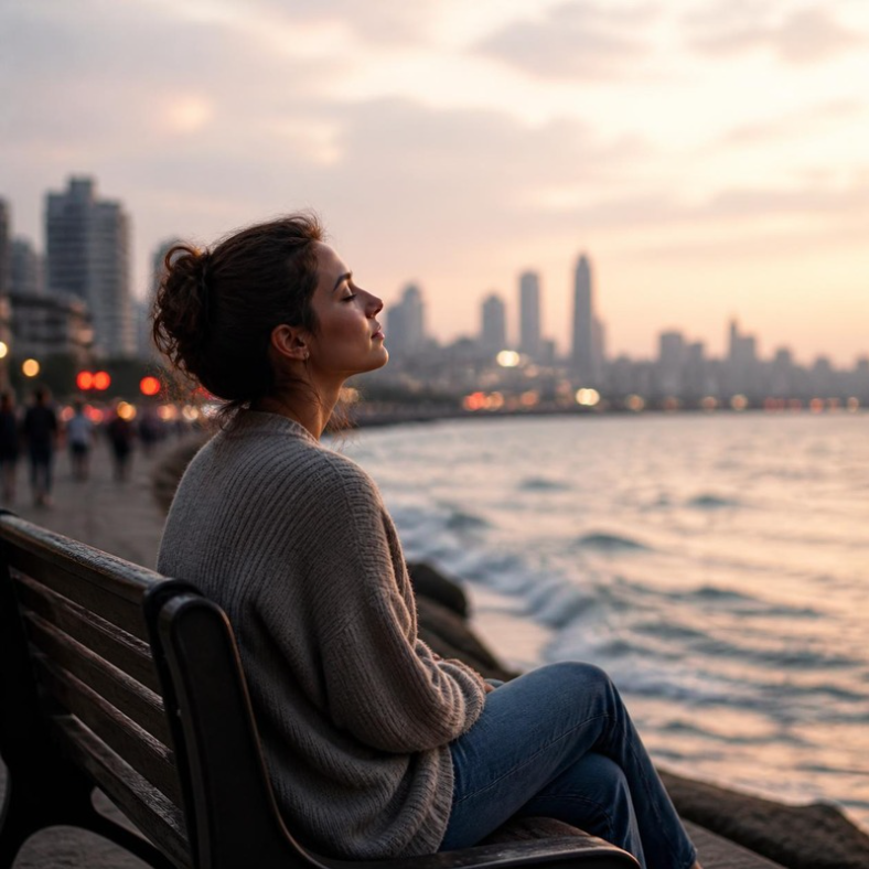 A woman sat on a bench near the waters edge at dusk with a muted city scape in the background