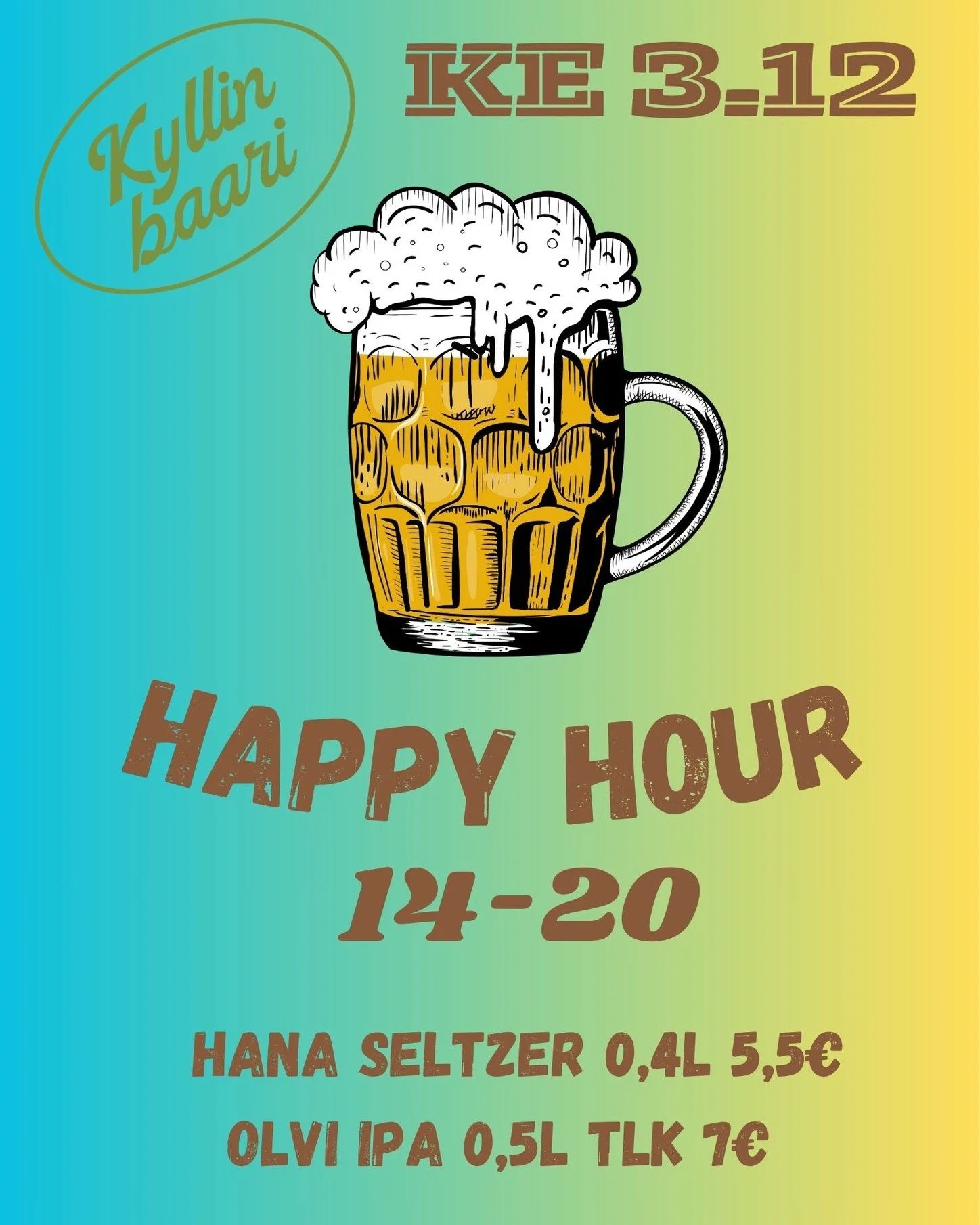 Kyllin happy hours tarjouksena 3.12 mansikka raparperi seltzer hanasta 0,4l hintaan 5,50&euro; ja Olvin IPA 0,5l t&ouml;lkki 7&euro;.
Tervetuloa!