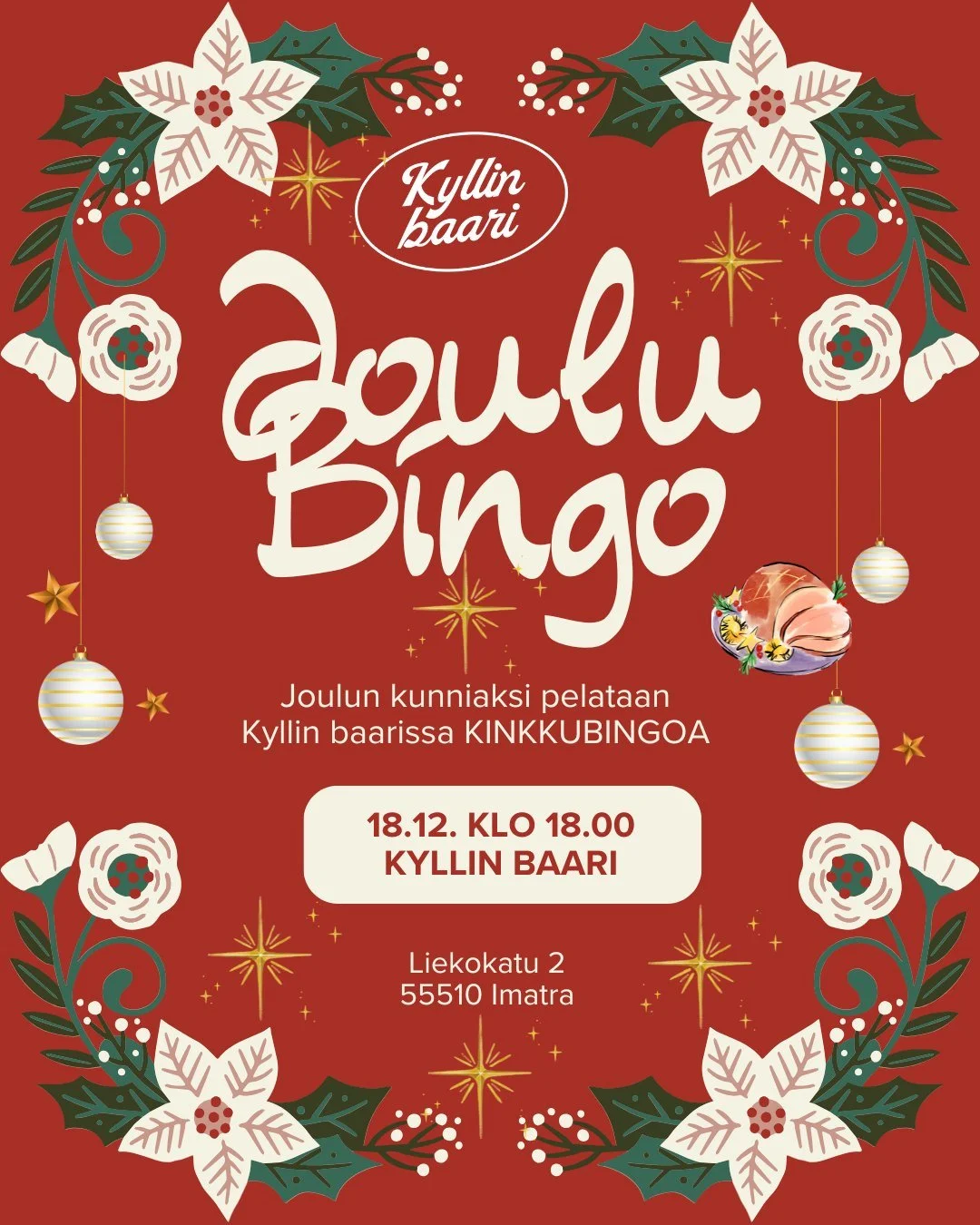 KINKKU BINGO 18.12. klo 18.00

J&auml;nnitys tiivistyy!!
Oletko valmis vuoden j&auml;nnitt&auml;vimp&auml;&auml;n ja herkullisimpaan peliin?
Valmistaudu huutamaan BINGO!

Osallistu suureen kinkkubingoon!
Luvassa syd&auml;nt&auml; jyskytt&auml;v&auml;