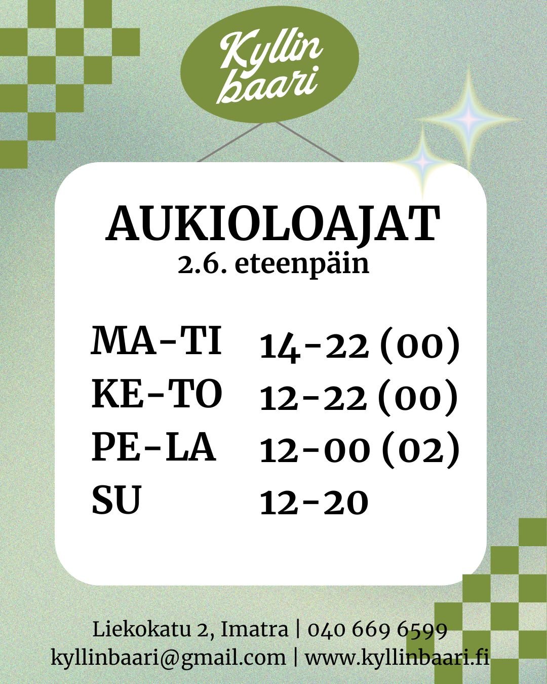 Moikku, muistathan sie, et kes&auml;n mukana tuli Kyllille uudet aukiolot. 
Tulkaahan moikkaamaan. 
Maanantain ja tiistain tiskin takana teit&auml; hauskuuttaa kes&auml;n vahvistus baari-Pate 😍
Tervetuloa!