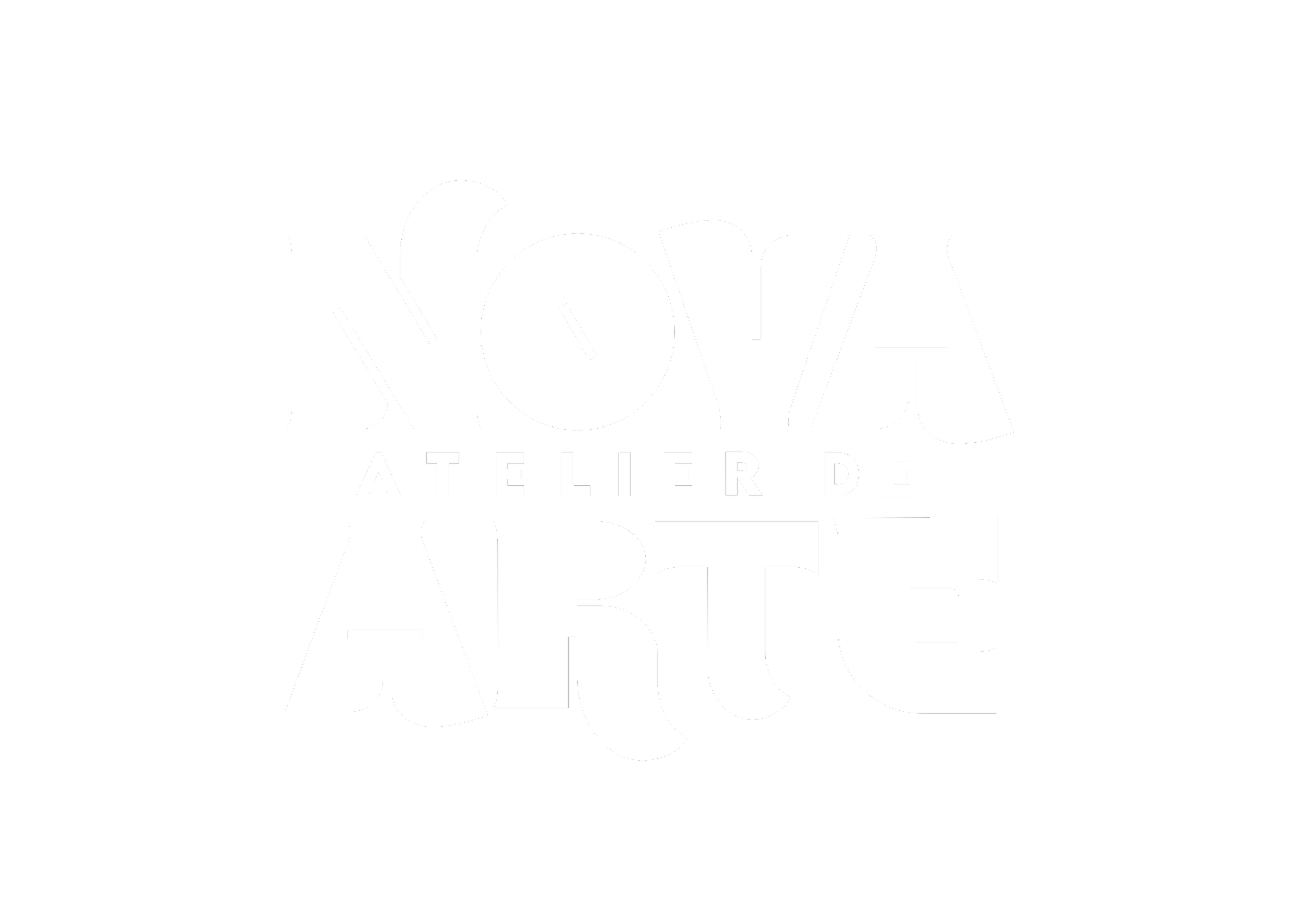 Logotipo en blanco y negro que dice 'NOVA ATELIER DE ARTE' en estilos tipográficos variados sobre fondo negro.