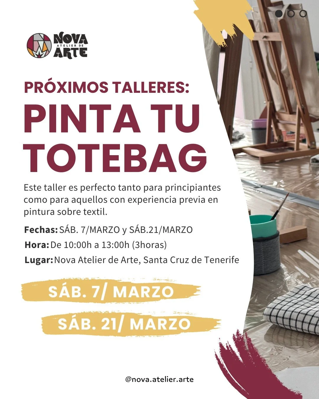 🎨 CALENDARIO DE TALLERES &ndash; MARZO EN NOVA ATELIER DE ARTE 🎨✨

Te invitamos a nuestro taller &ldquo;Pinta tu ToteBag: Edici&oacute;n Mascotas&rdquo;, donde podr&aacute;s relajarte pintando tu bolsa con un dise&ntilde;o ya preimpreso estilo sket