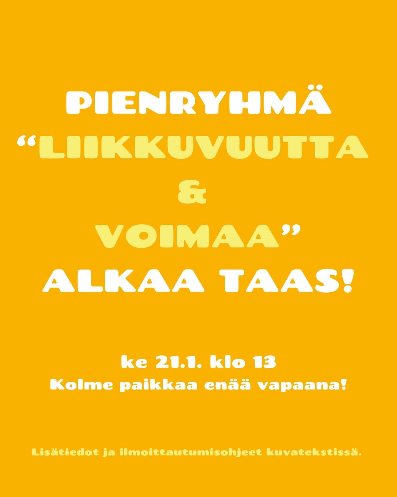 Syksyn liikkuvuus &amp; voima -pienryhm&auml; saa jatkoa!🥳💪🏽❤️&zwj;🔥

Tunnilla tehd&auml;&auml;n fysioterapeutin ohjauksessa istuen ja/tai seisten liikkuvuutta ja voimaa lis&auml;&auml;vi&auml; harjoitteita, tehokkaasti ja hyv&auml;ll&auml; fiili