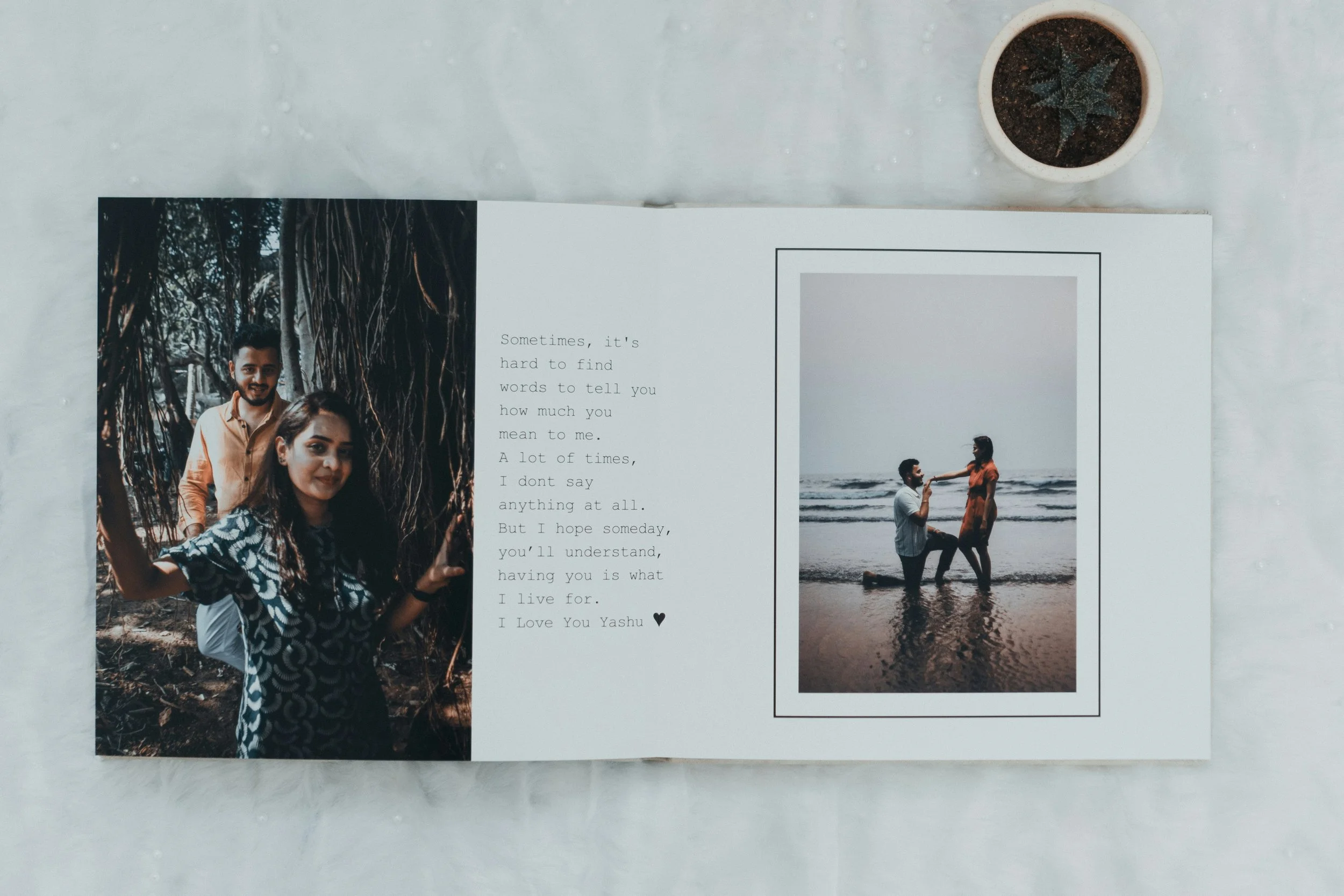Open book with couple’s photograph representing reminiscing and shared memories on Valentine’s Day