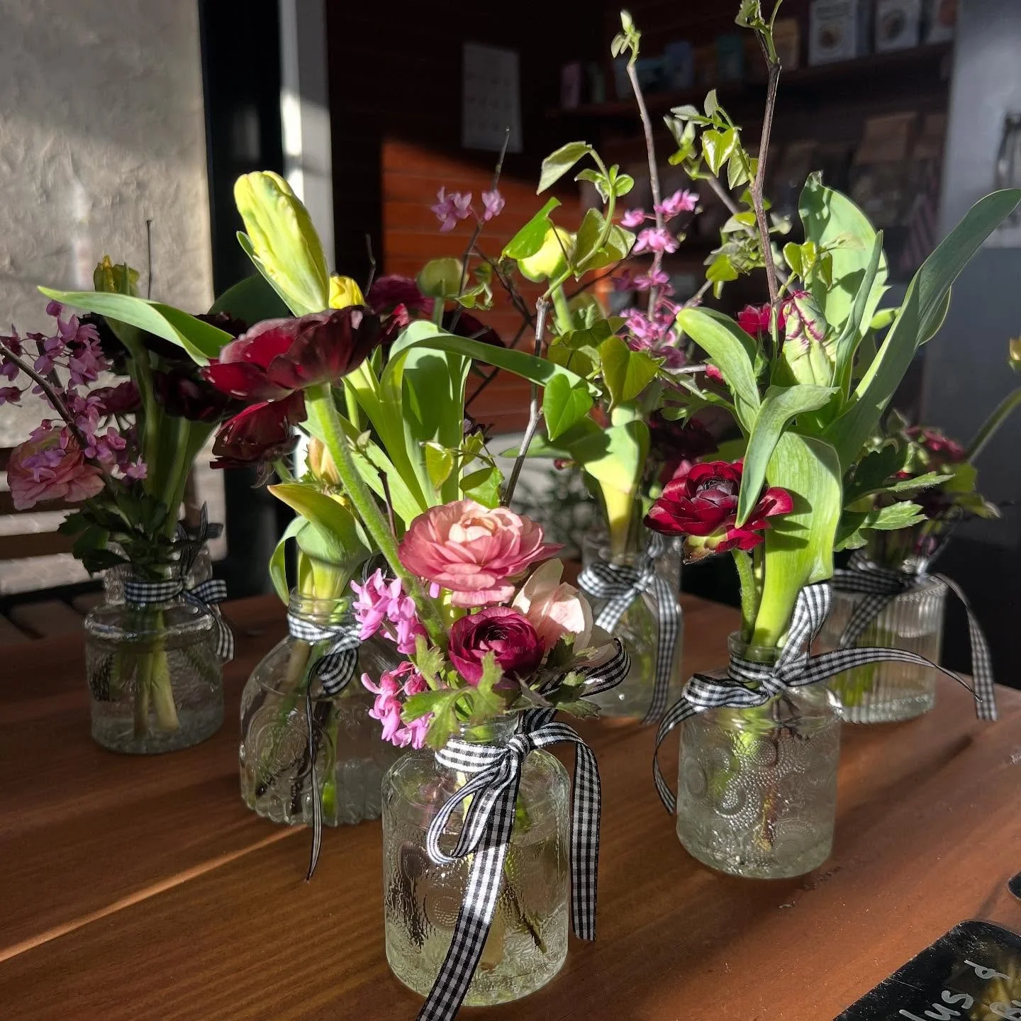 freshly harvested close to home &mdash; mini bouquets of tulips, ranunculus, daffodils, and more 🌼 
pick one up for your lover, apartment, kitchen table, or dorm 🫶