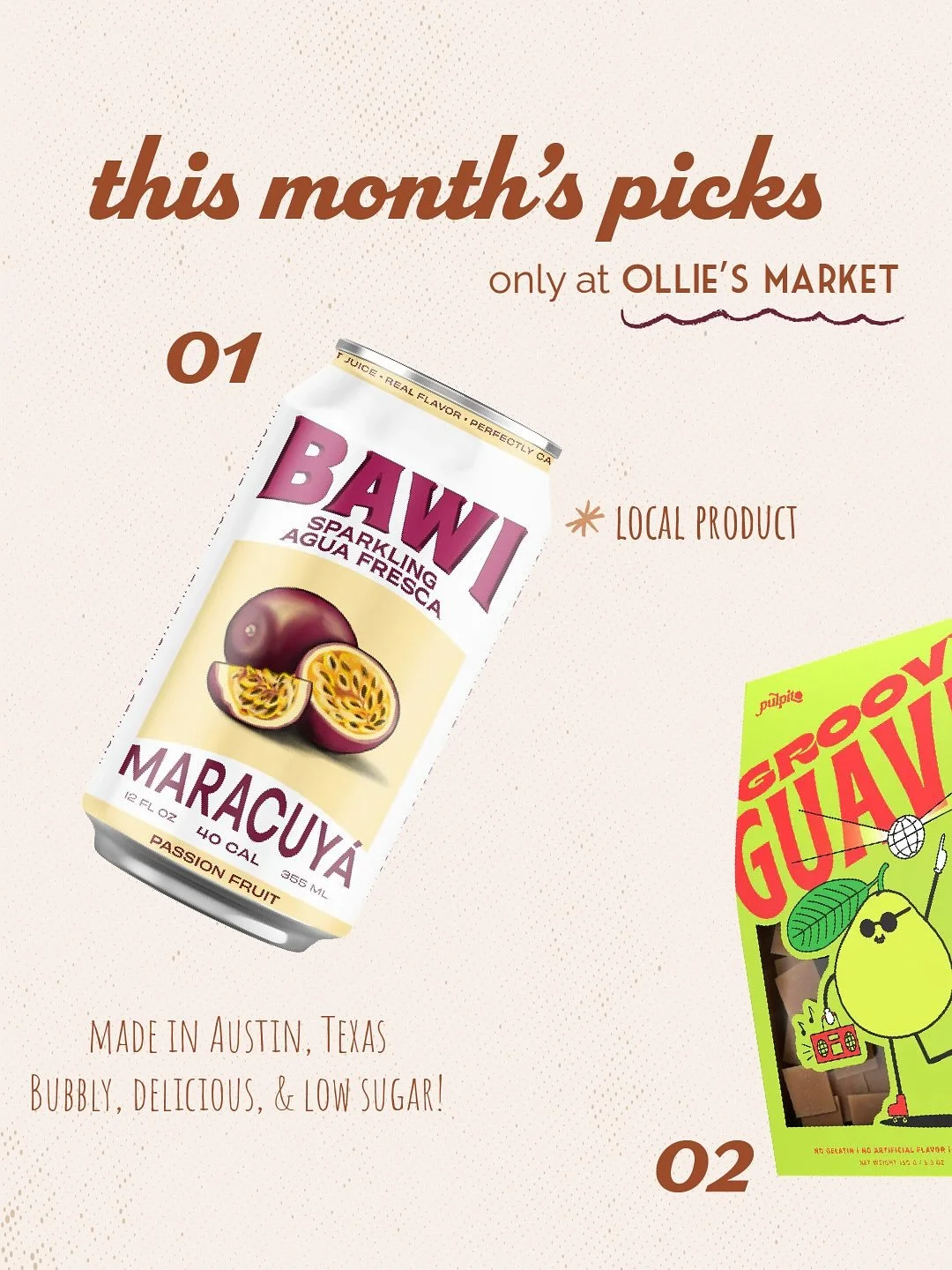 this month&rsquo;s picks of organic, local &amp; natural products | perfect to pack for the river 
01 @drinkbawi 
02 @pulpitobites 
03 @ohmefoods 
04 custom OM @binkmade 
05 @eatbettersour