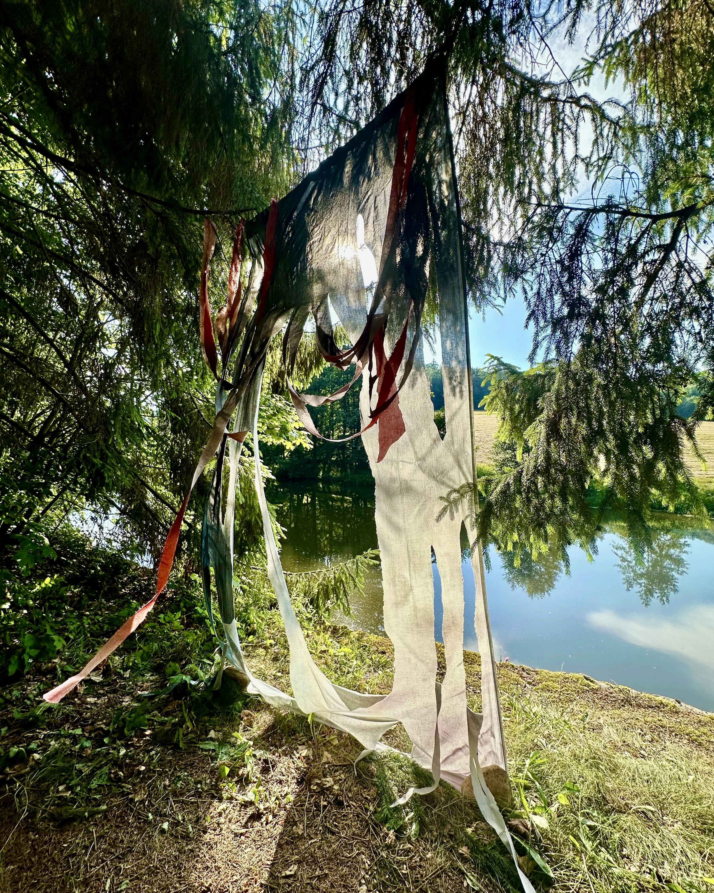 Colorful fabric cut artwork hanging among green trees near a lake.