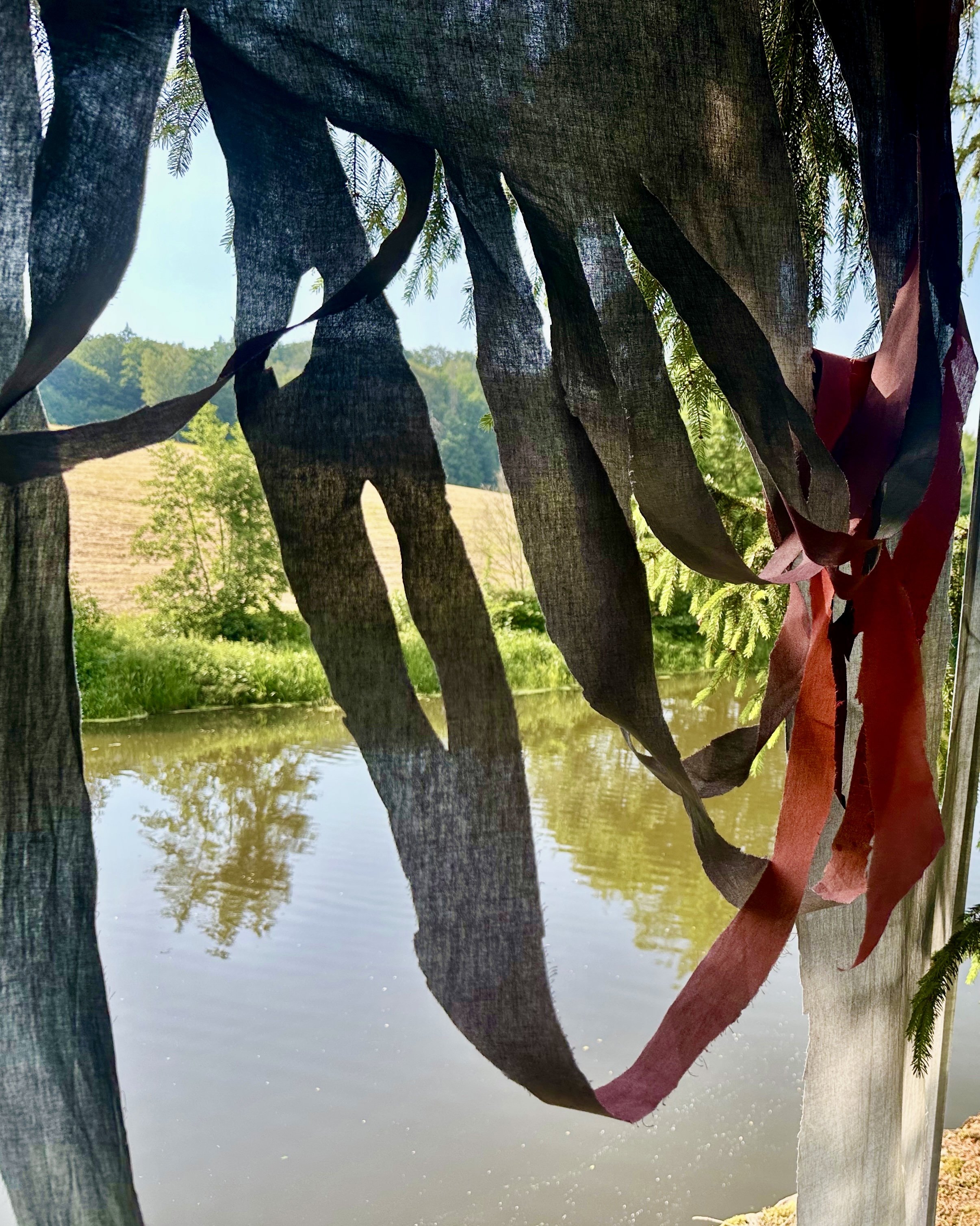 Colorful fabric hanging from a tree-branch structure outdoors, with a body of water and greenery in the background.