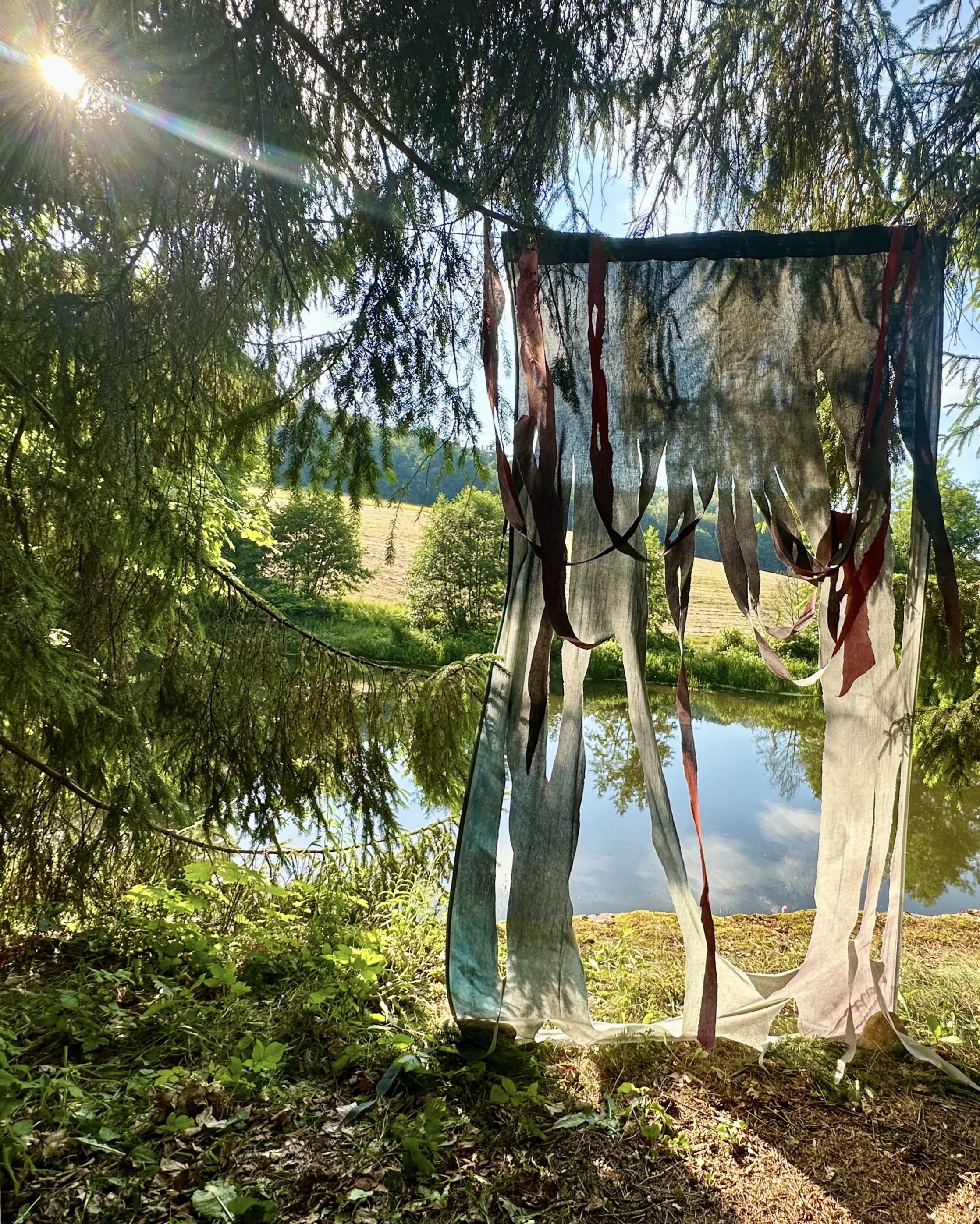 Fabric artwork hanging on a branch in a grassy area with trees and a hill in the background, sunlight shining through the branches