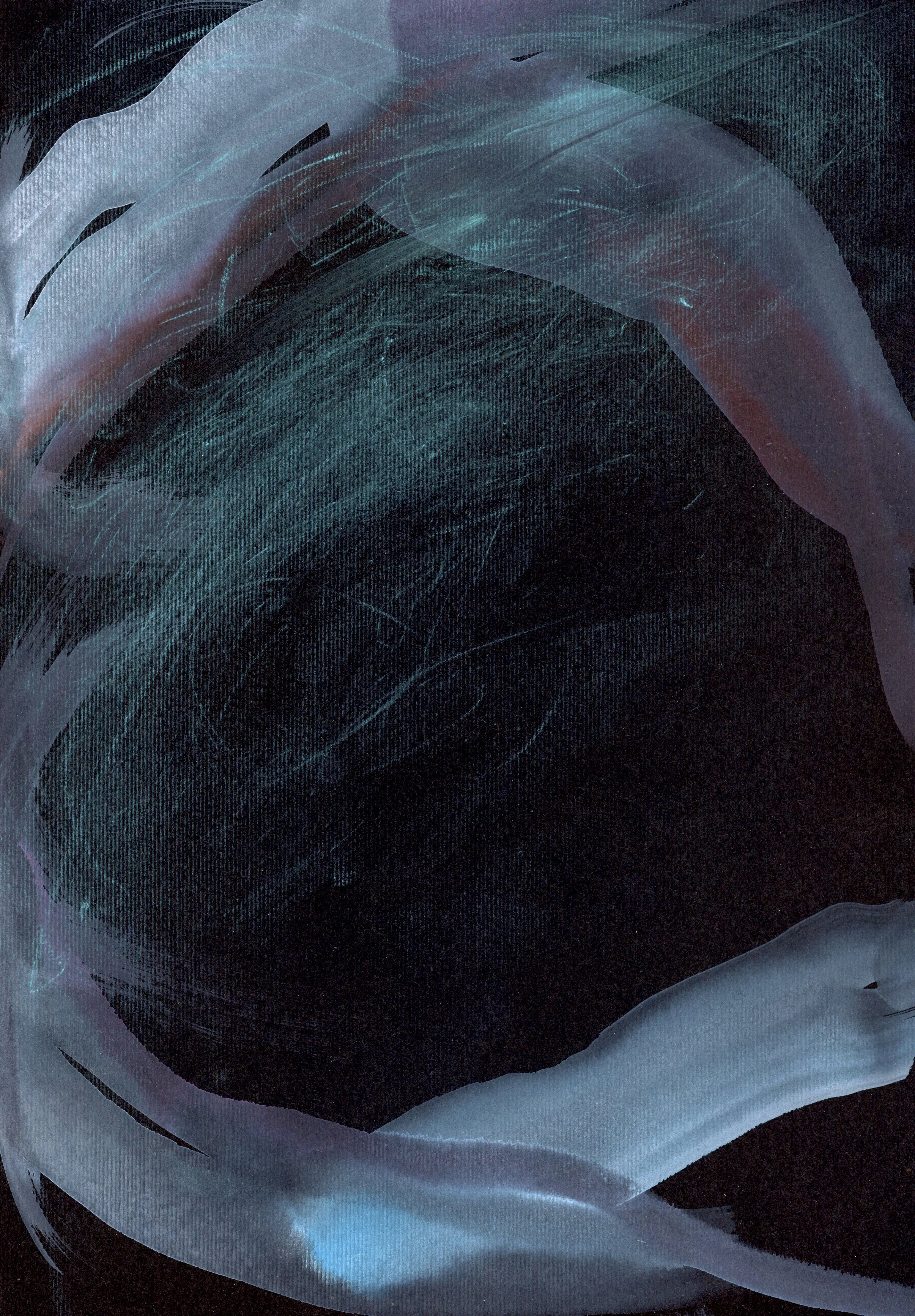 Abstract digital artwork with swirling brush strokes in shades of blue, teal, black, and hints of purple.