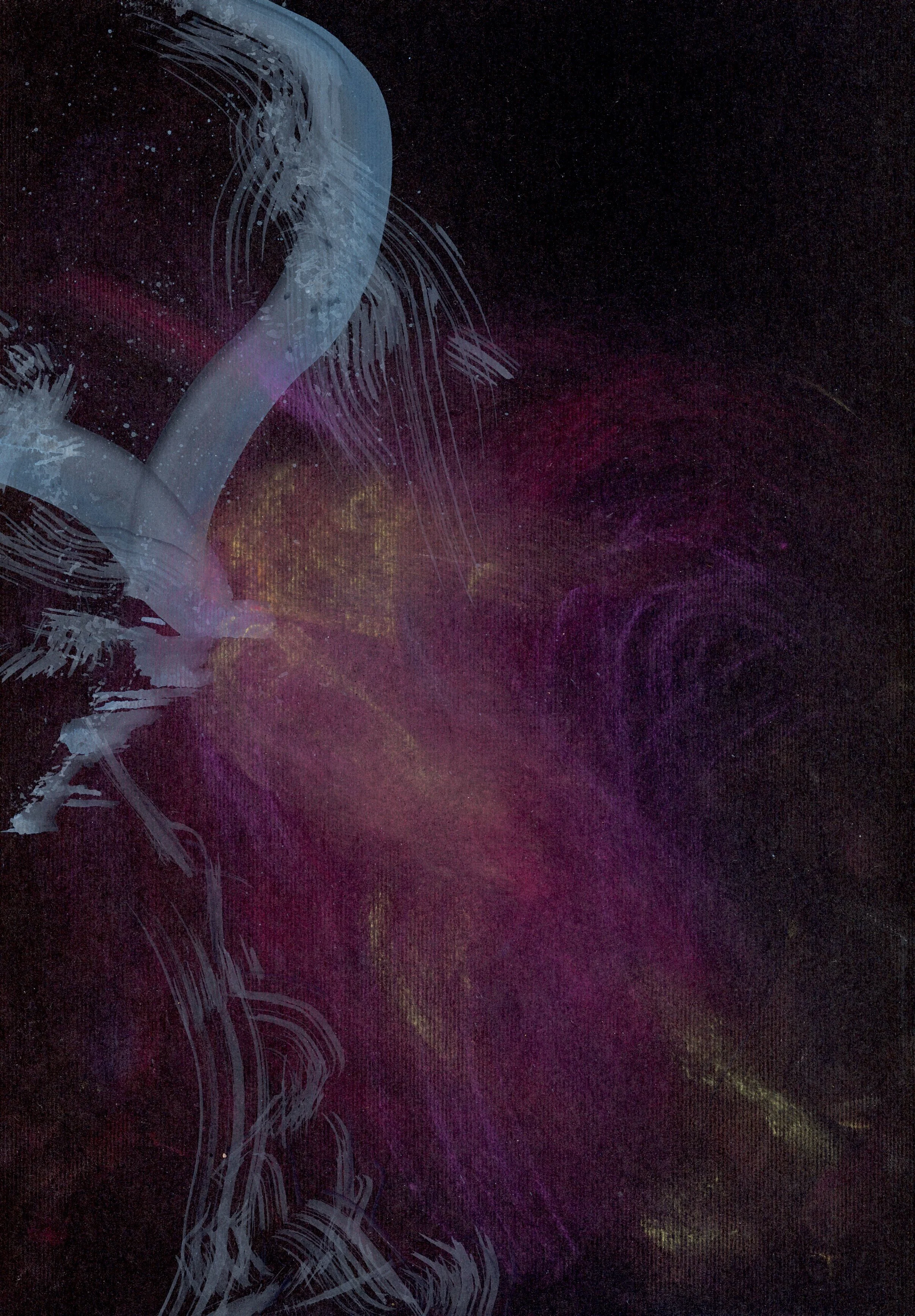 Abstract digital art with dark background, pink, yellow, purple, and light blue swirling patterns and fine lines.