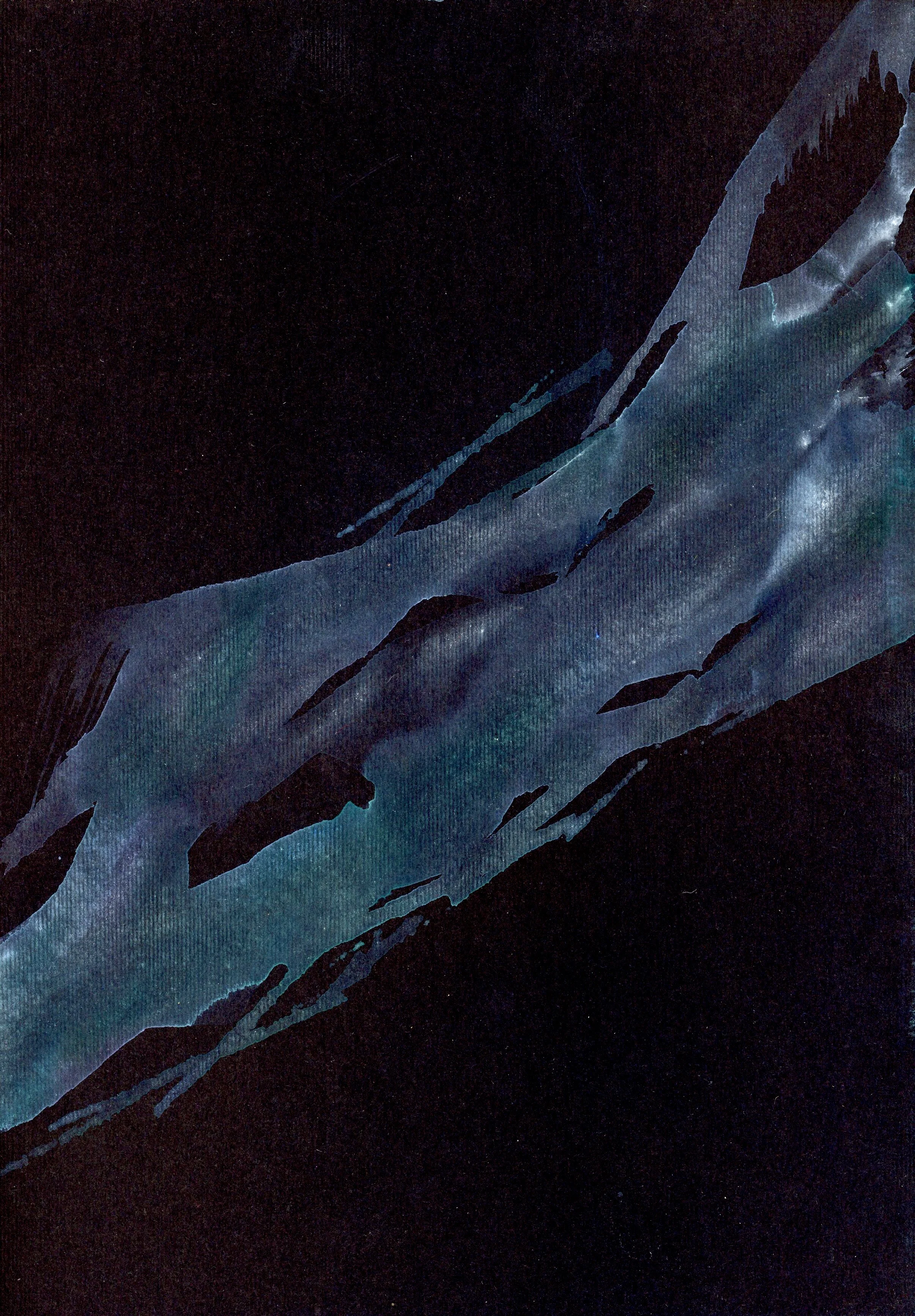 Abstract artwork with blue and teal streaks on a black background.