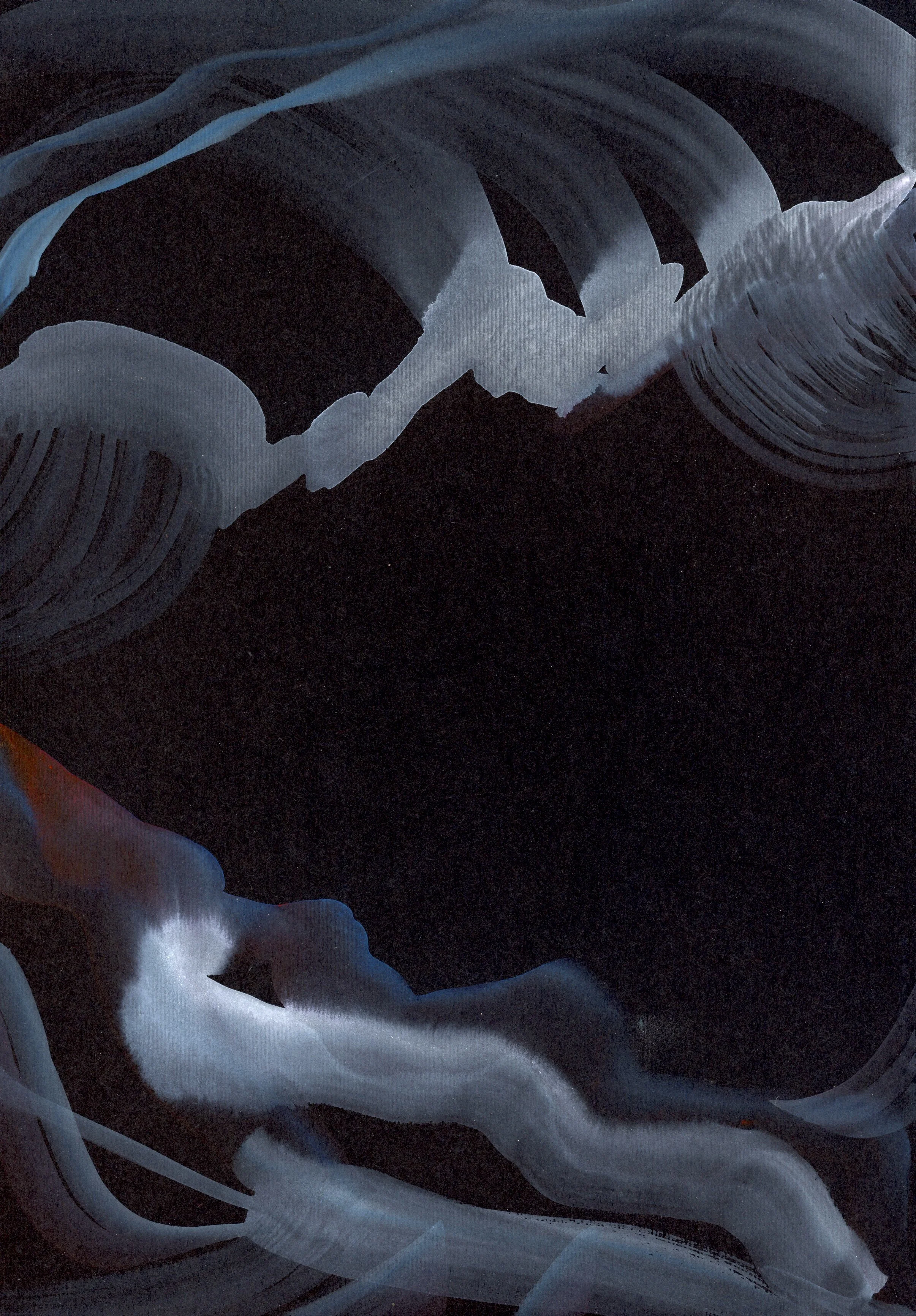 Abstract digital art featuring flowing, curved lines and shapes in shades of blue and gray against a black background.