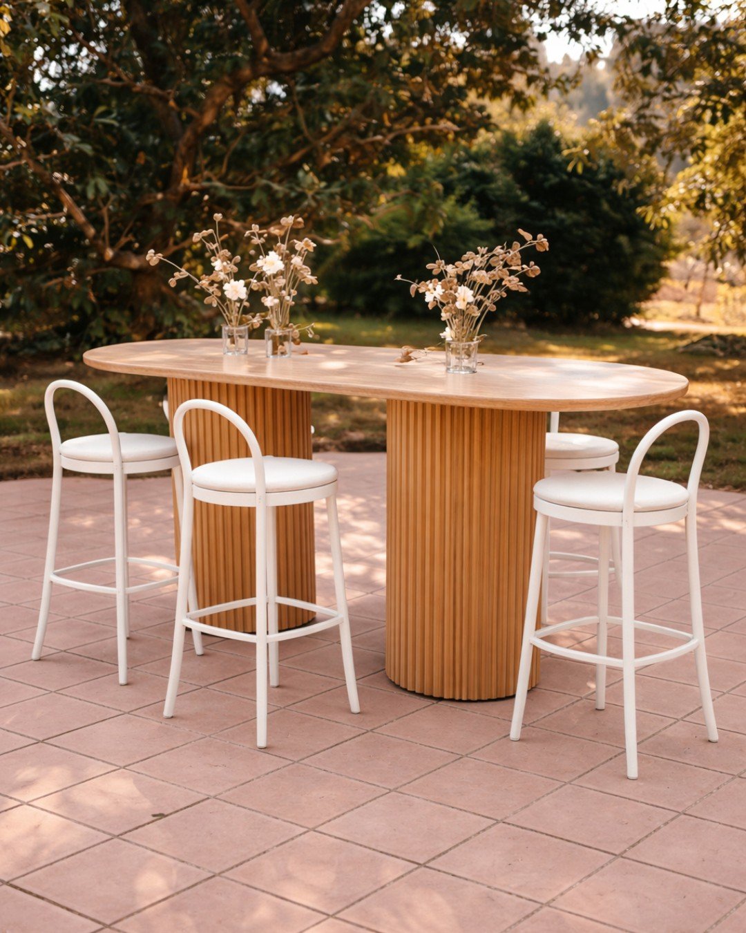 New additions to the collection, currently visualised with AI as we finalise production.
Loop stools in natural and white, paired with Portico tables, Ribbed bar leaners in natural and white and Hampton umbrellas. Available to book March onwards!

#e