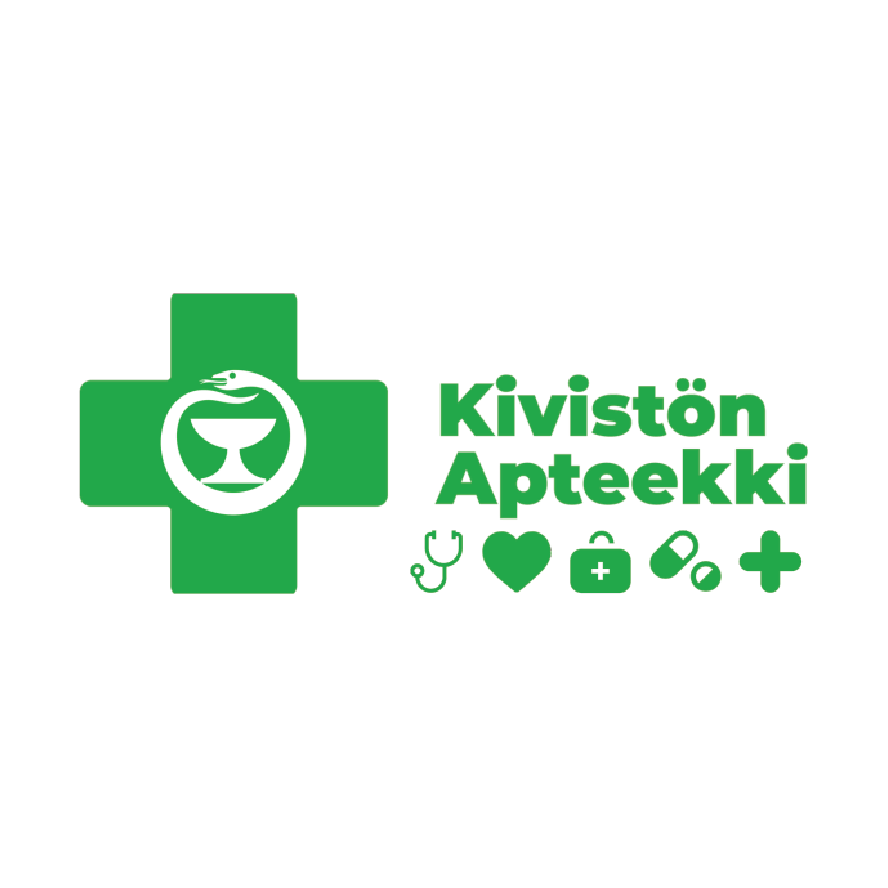 Kivistön apteekki logo, vihreä risti, lääkepillereitä ja sydän symbols, apteekkiin liittyvät ikonit.