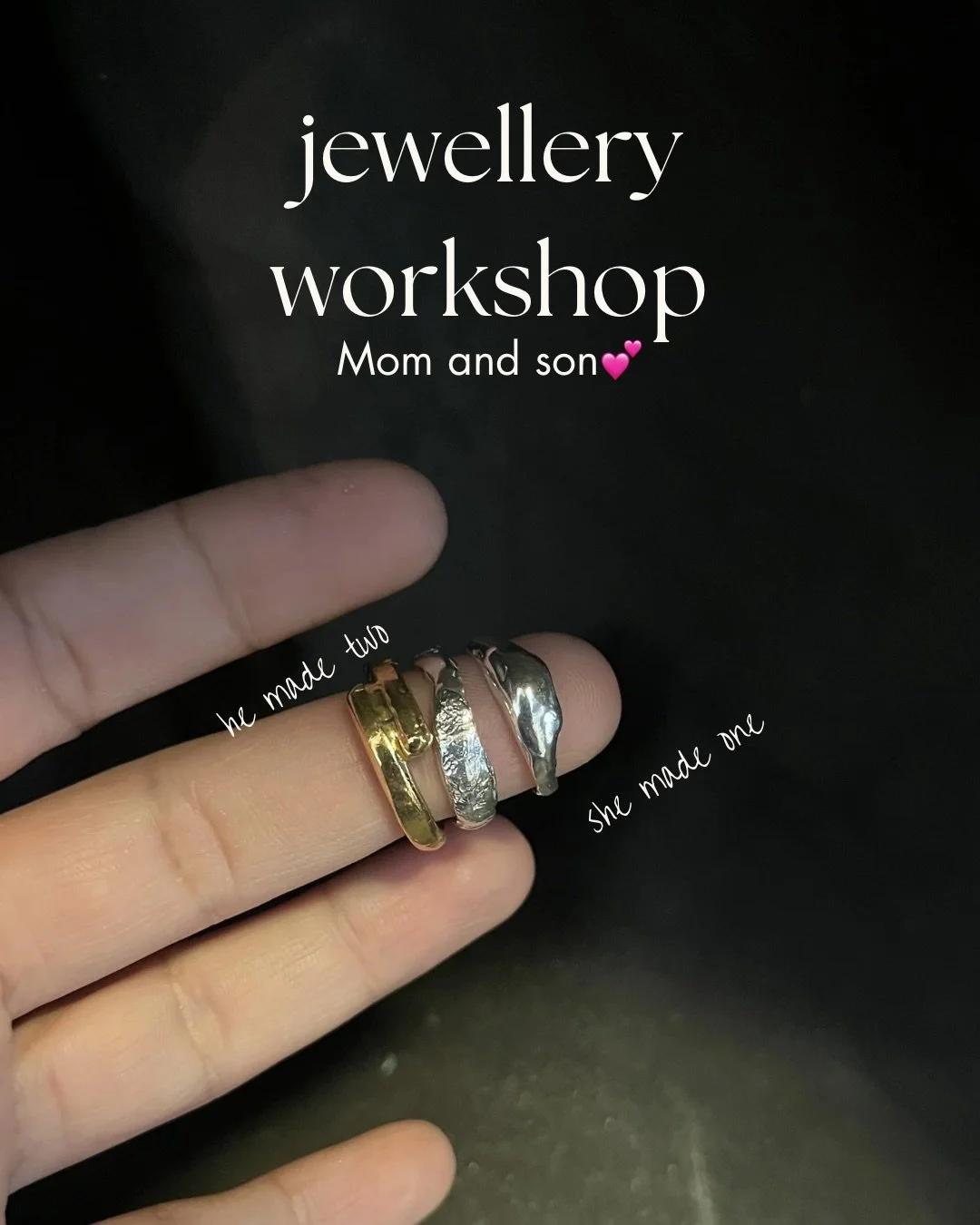 Hidden inside her pinky ring &mdash; her son&rsquo;s fingerprint. A secret only she knows is there.
They spent an afternoon together in the studio, carving wax, making something that lasts. He made two rings. She made one. All three came home with th