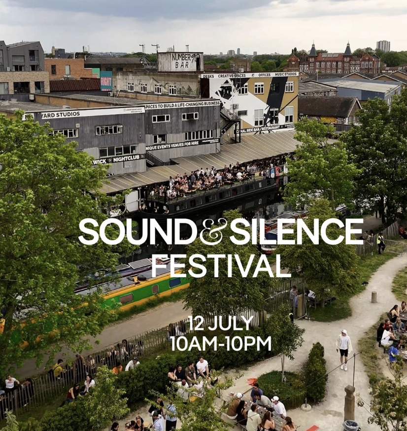 Aerial view of an outdoor festival with a crowd of people, trees, and a canal with a green and yellow boat in a cityscape. Overlaid text announces the "Sound & Silence Festival" on July 12 from 10 AM to 10 PM.
