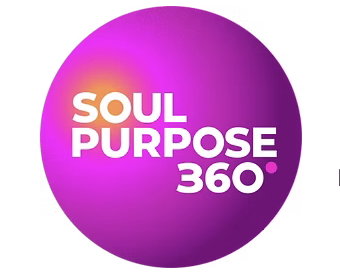 A circular logo with a pink to purple gradient background displaying the words "SOUL PURPOSE 360" in bold white text.