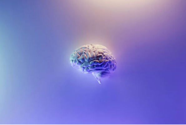 A digital illustration of a human brain floating in a colorful gradient background.