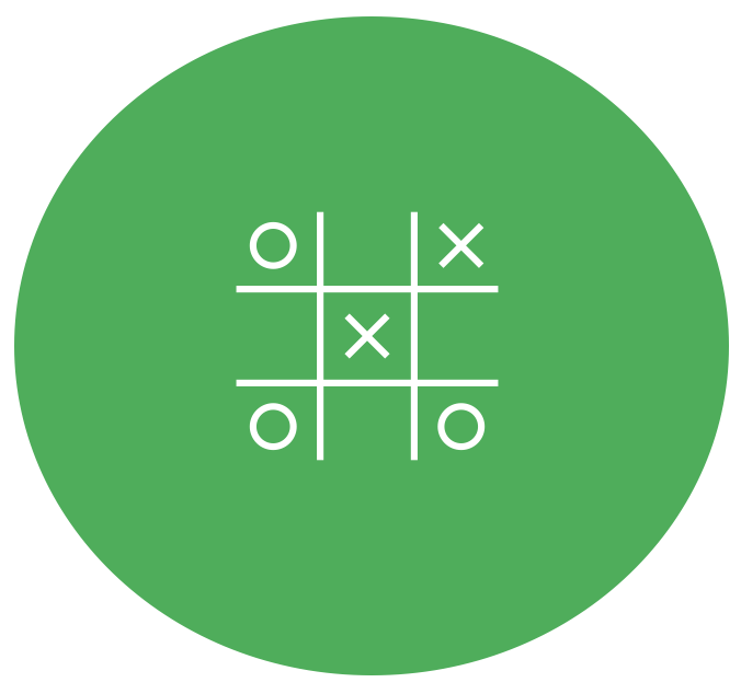 A green circular background with a white tic-tac-toe game depicting three X's and three O's arranged in a grid. Strategy is one of the four pillars and major decision for Scaling up. Ask Joanne Karkour for more.