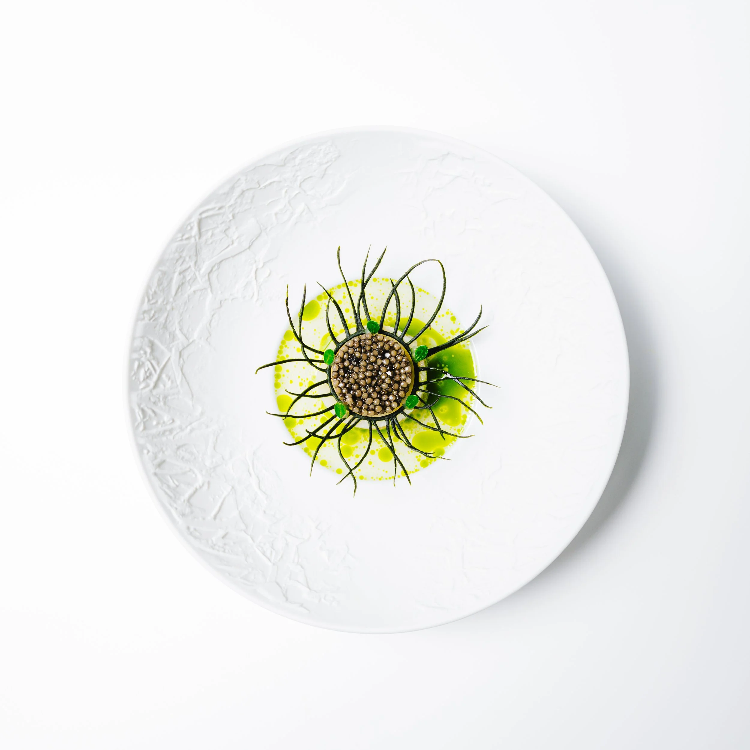 Modern wit bord met abstract patroon, centrale decoratie met zwart gekleurde, krullende lijnen en groene stippen, met gele vleugjes in een geelgroene substantie